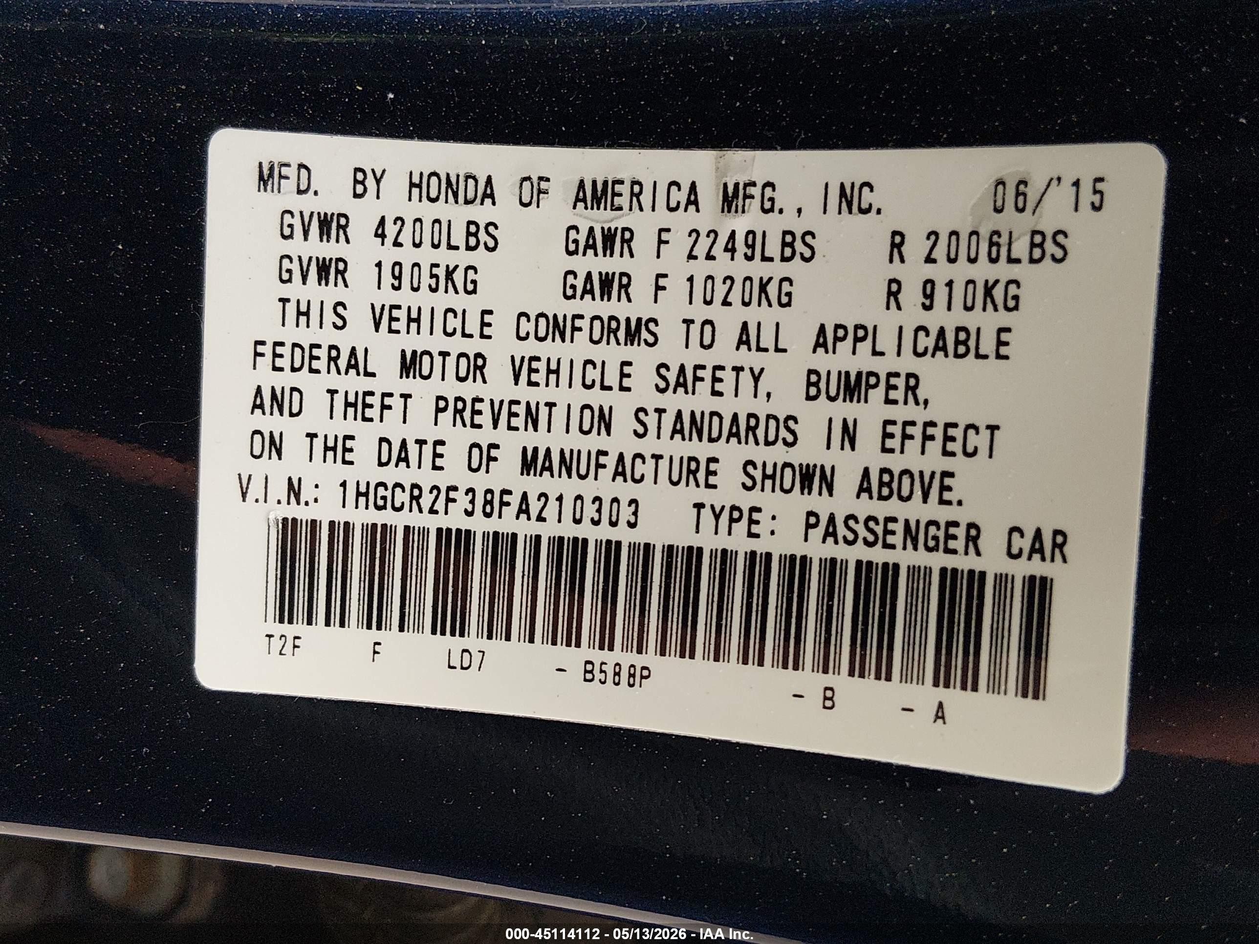 2015 Honda Accord Lx Dark Blue vin: 1HGCR2F38FA210303
