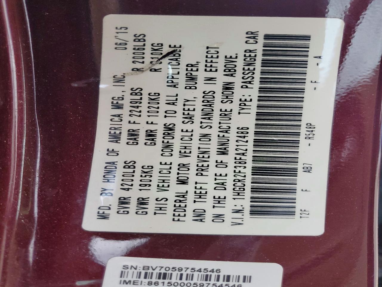 2015 Honda Accord Lx Burgundy vin: 1HGCR2F38FA212486