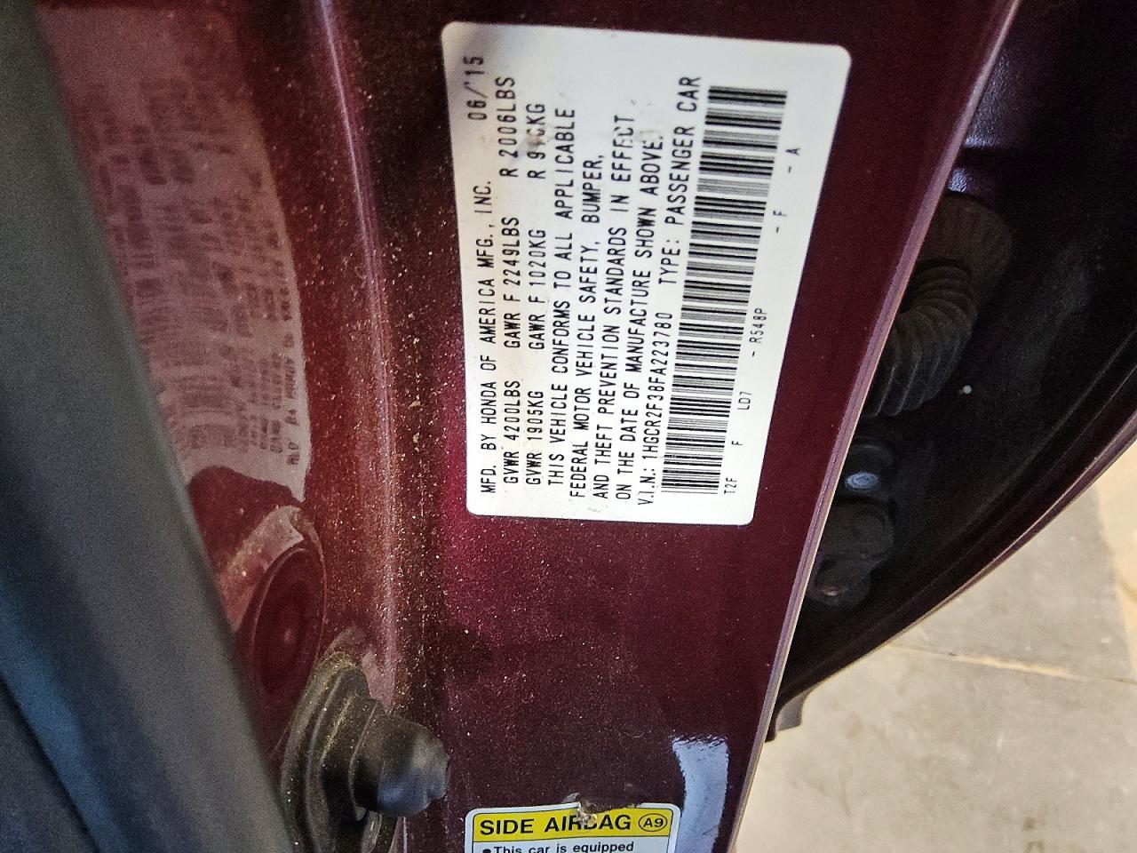 2015 Honda Accord Burgundy vin: 1HGCR2F38FA223780