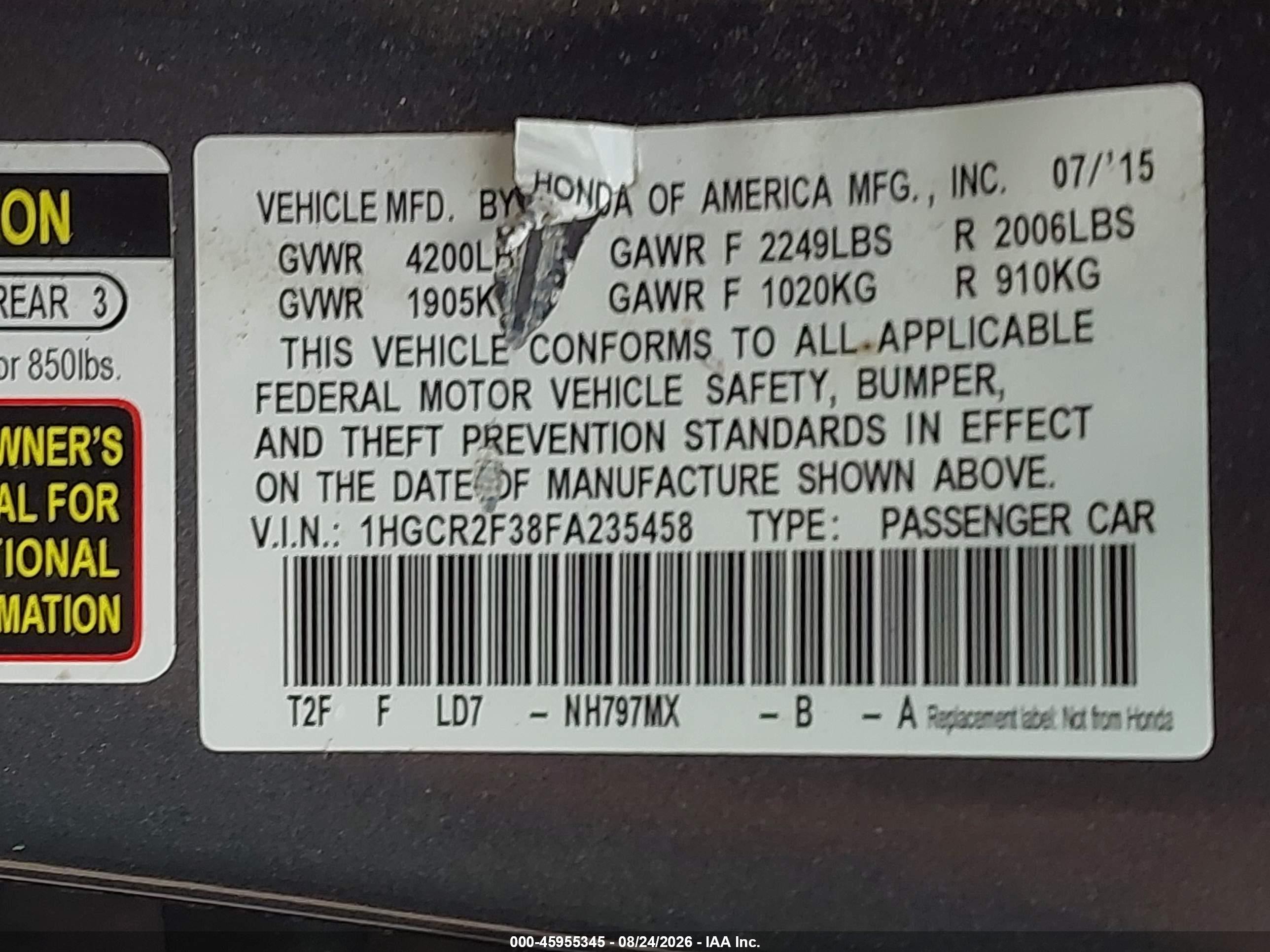 2015 Honda Accord Lx Gray vin: 1HGCR2F38FA235458