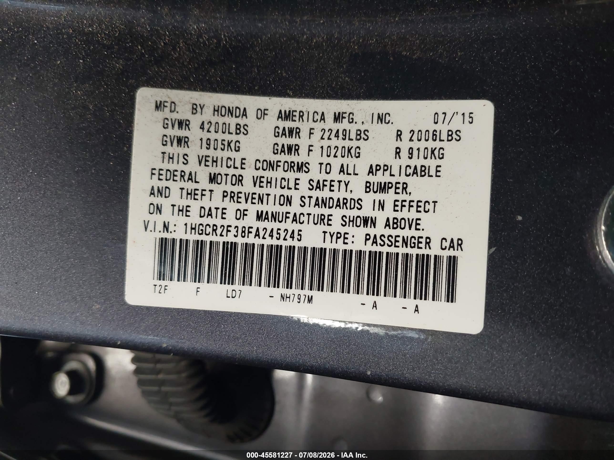 2015 Honda Accord Lx Gray vin: 1HGCR2F38FA245245