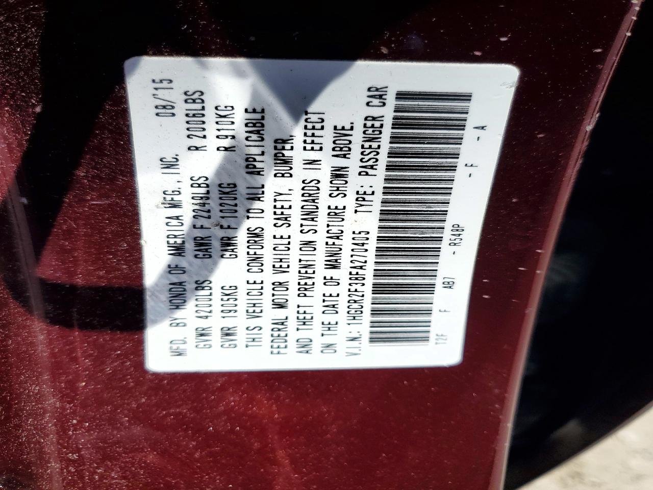 2015 Honda Accord Lx Burgundy vin: 1HGCR2F38FA270405