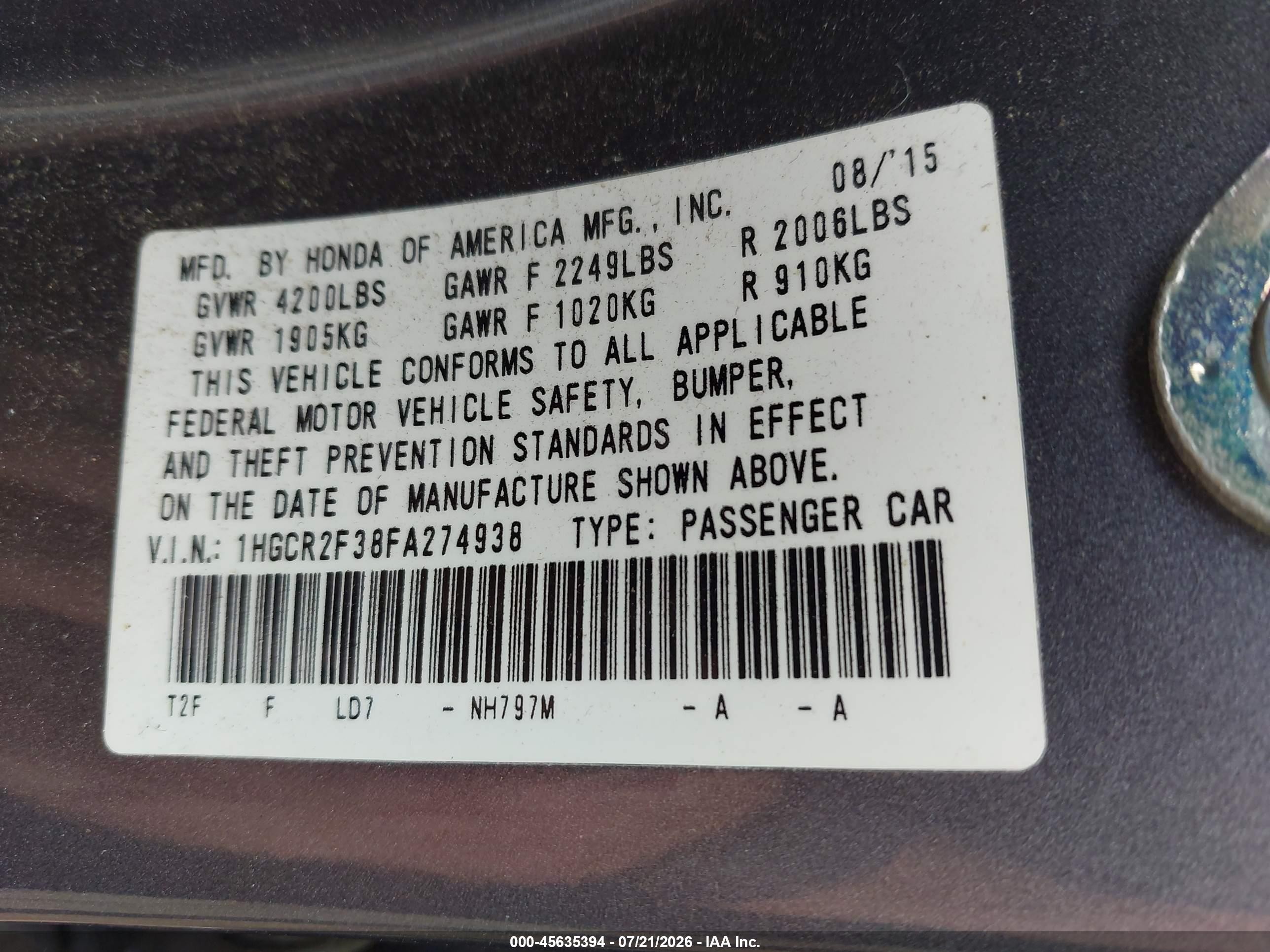 2015 Honda Accord Lx Gray vin: 1HGCR2F38FA274938