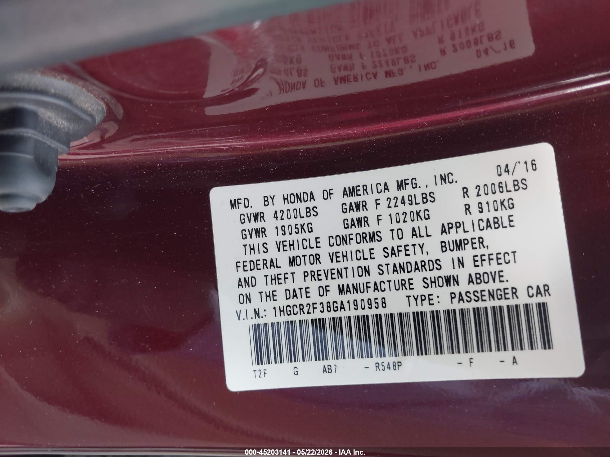 2016 Honda Accord Lx Темно-бордовый vin: 1HGCR2F38GA190958