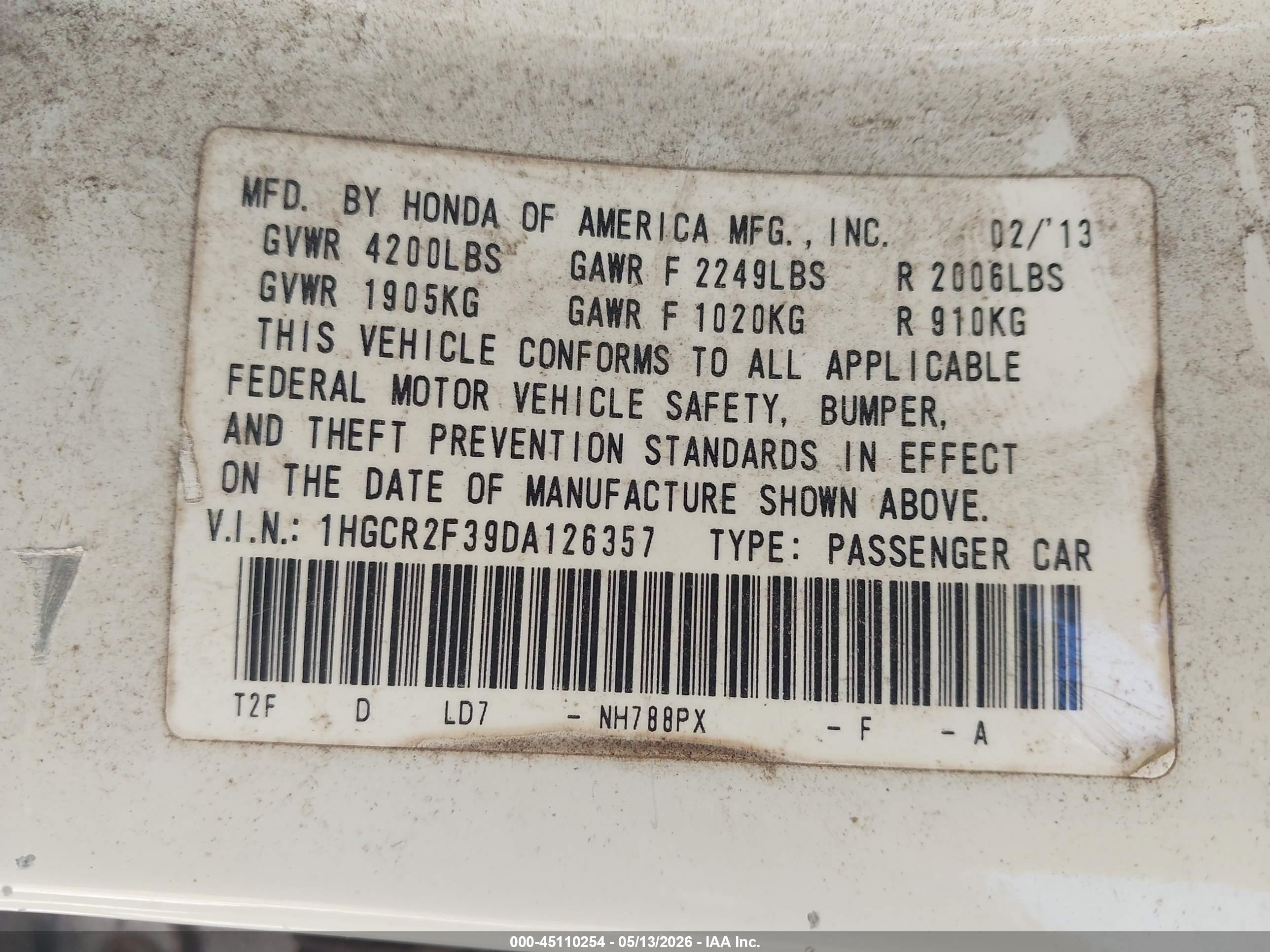 2013 Honda Accord Lx White vin: 1HGCR2F39DA126357
