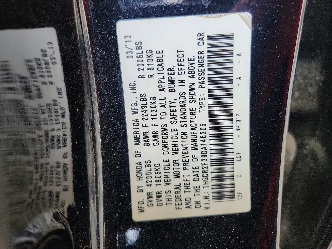2013 Honda Accord Lx Черный vin: 1HGCR2F39DA146205