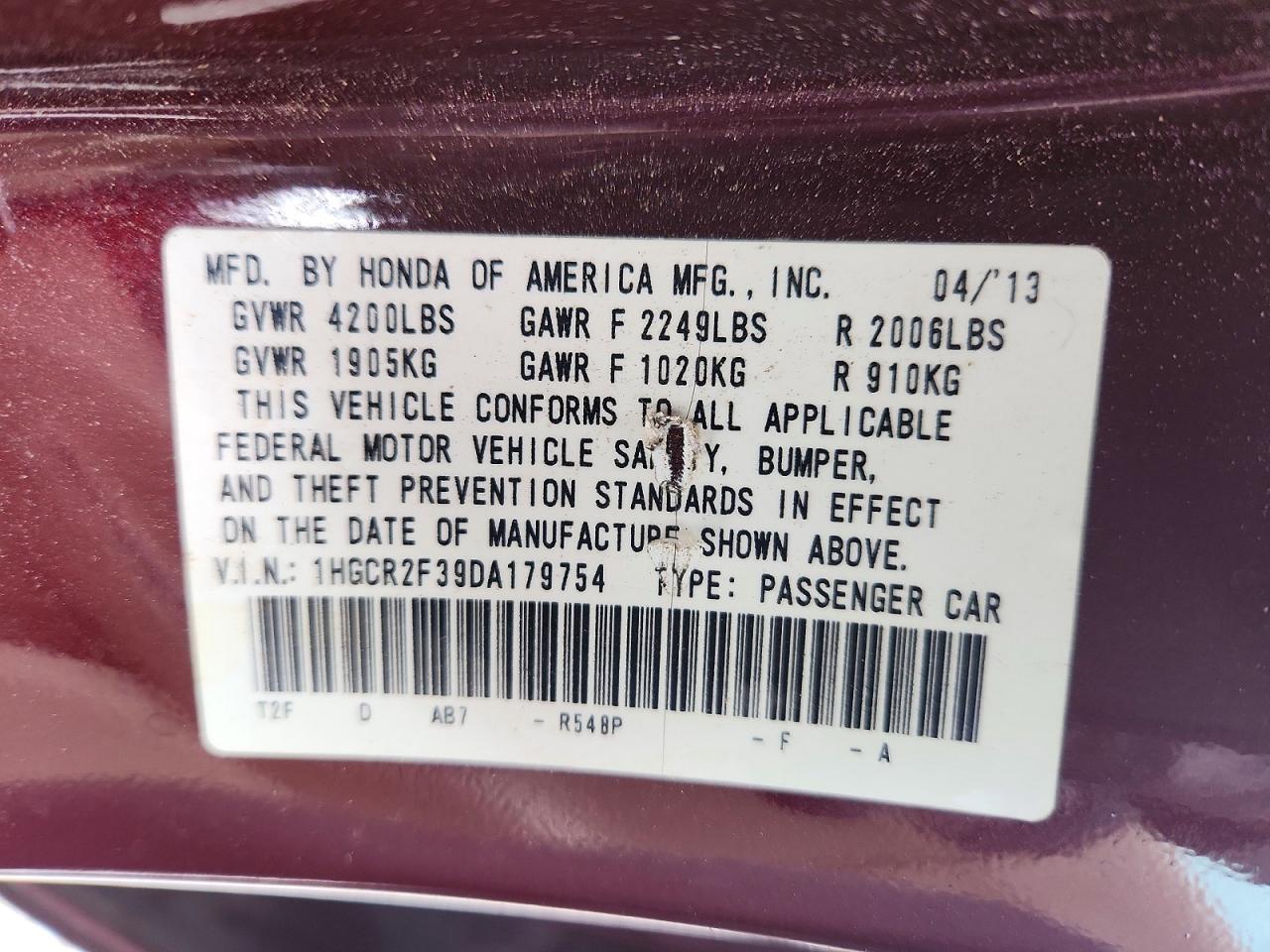 2013 Honda Accord Lx Burgundy vin: 1HGCR2F39DA179754