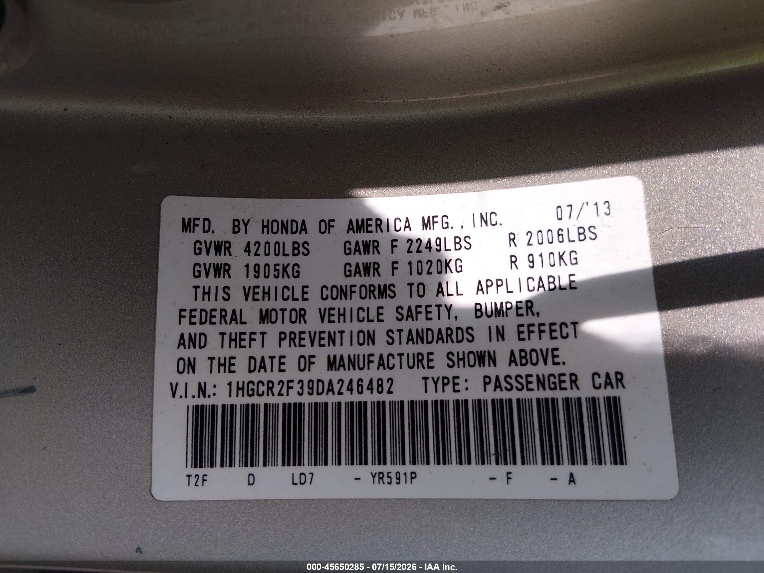 2013 Honda Accord Lx Gold vin: 1HGCR2F39DA246482