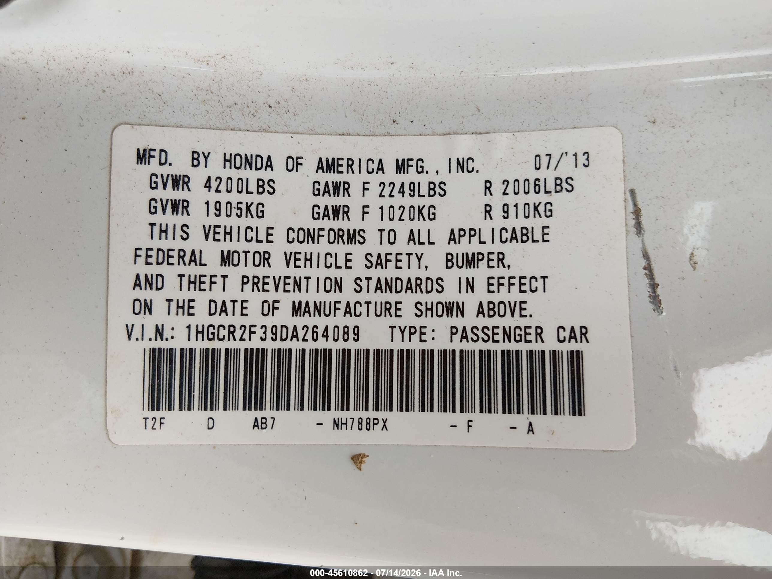 2013 Honda Accord Lx White vin: 1HGCR2F39DA264089