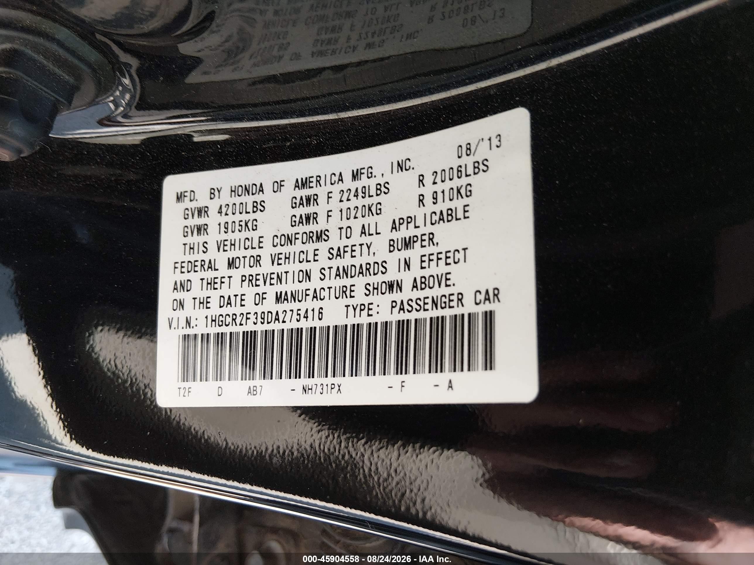 2013 Honda Accord Lx Black vin: 1HGCR2F39DA275416