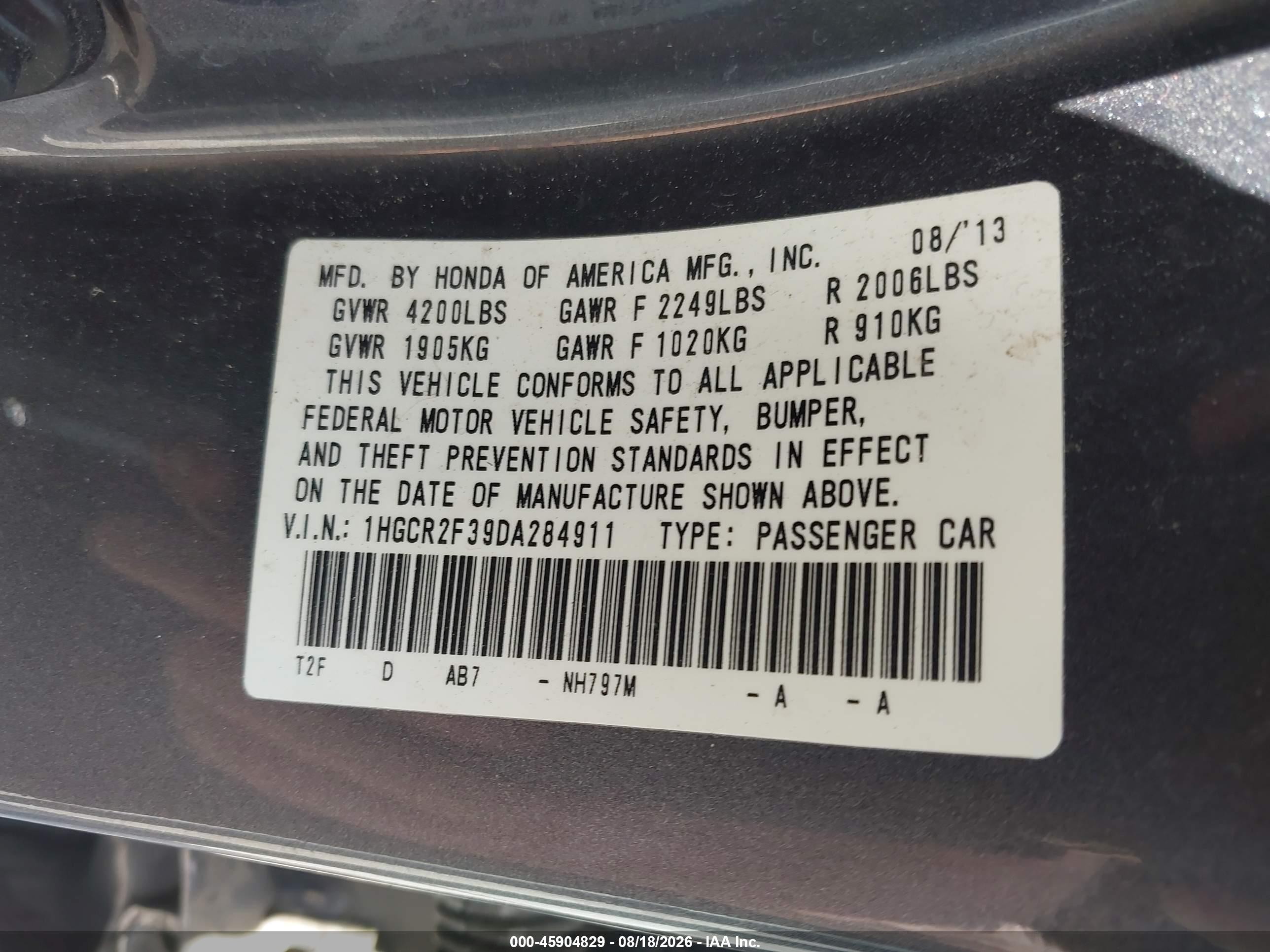 2013 Honda Accord Lx Серый vin: 1HGCR2F39DA284911