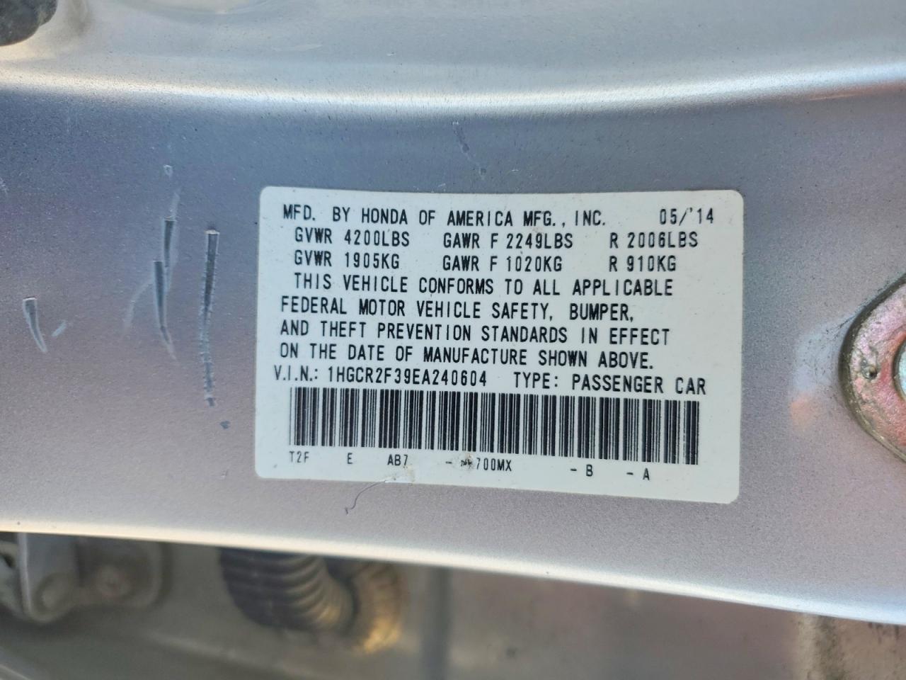 2014 Honda Accord Lx Silver vin: 1HGCR2F39EA240604