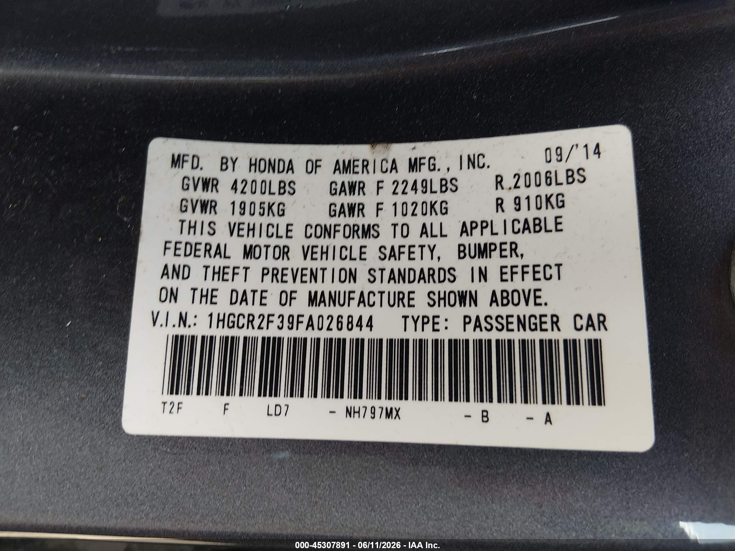 2015 Honda Accord Lx Серый vin: 1HGCR2F39FA026844
