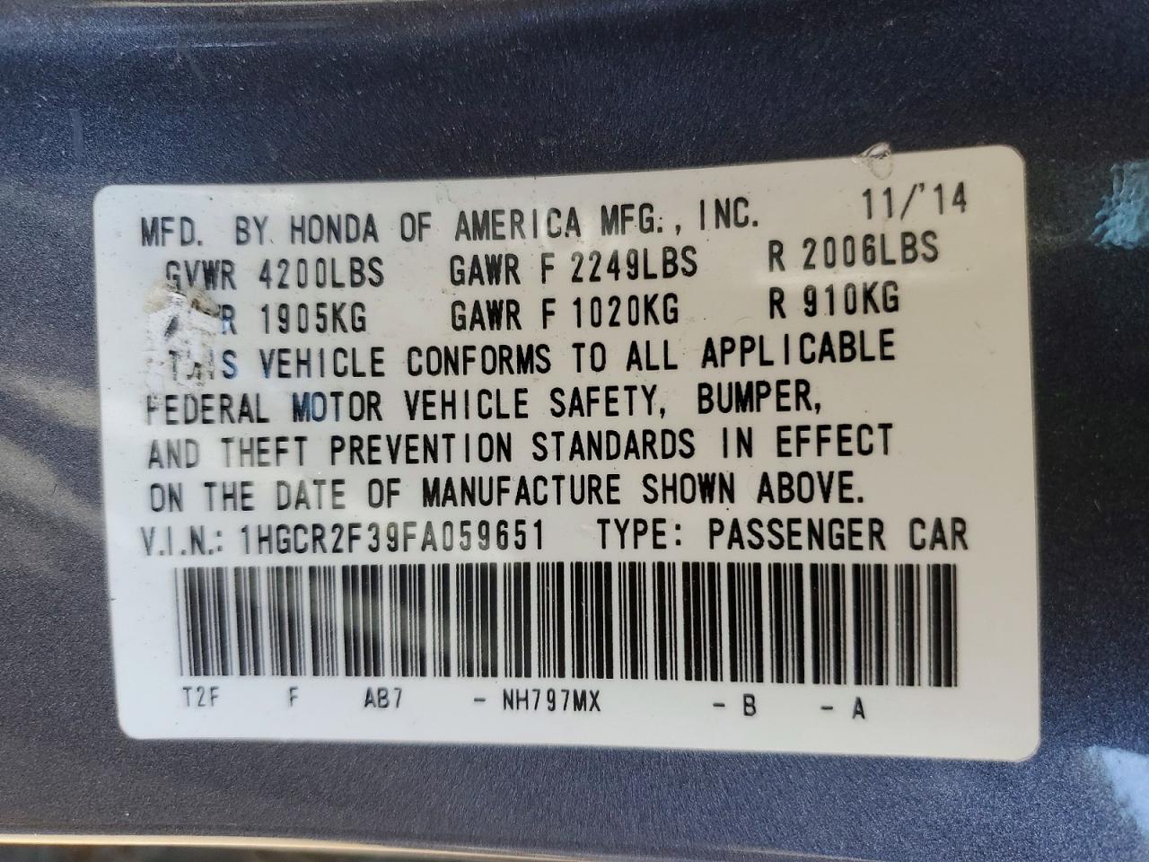 2015 Honda Accord Lx Gray vin: 1HGCR2F39FA059651