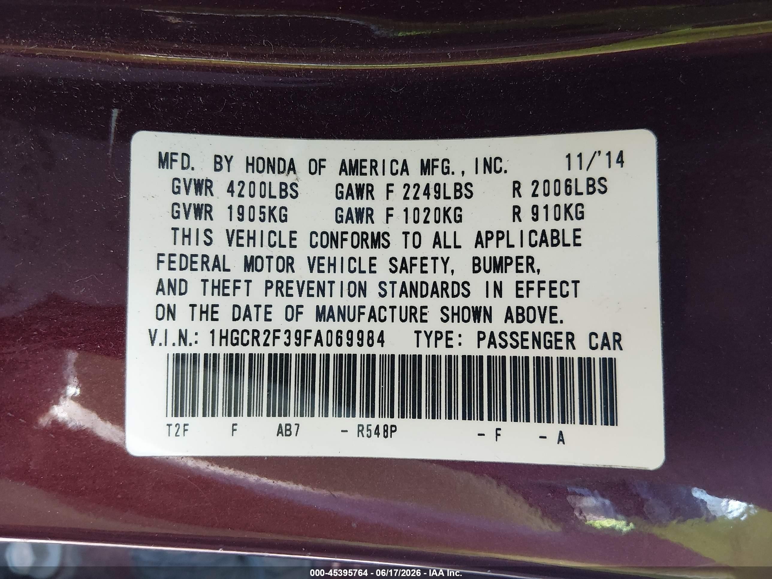 2015 Honda Accord Lx Burgundy vin: 1HGCR2F39FA069984