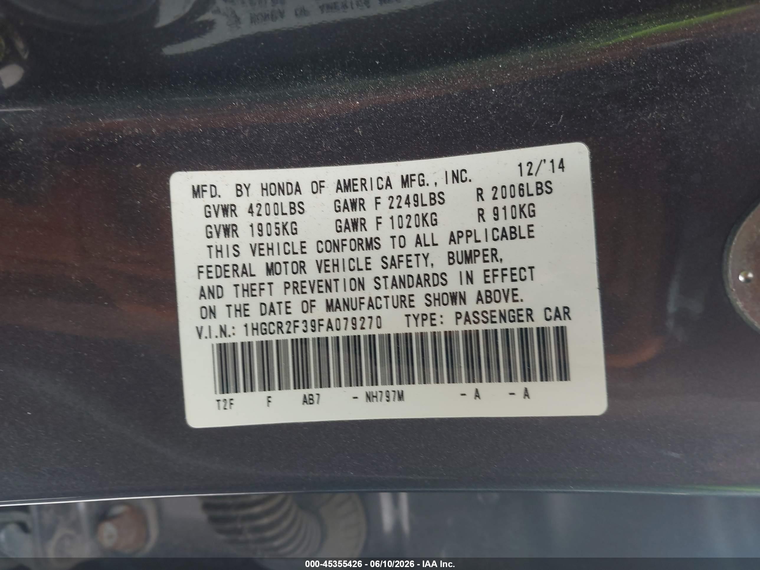 2015 Honda Accord Lx Gray vin: 1HGCR2F39FA079270