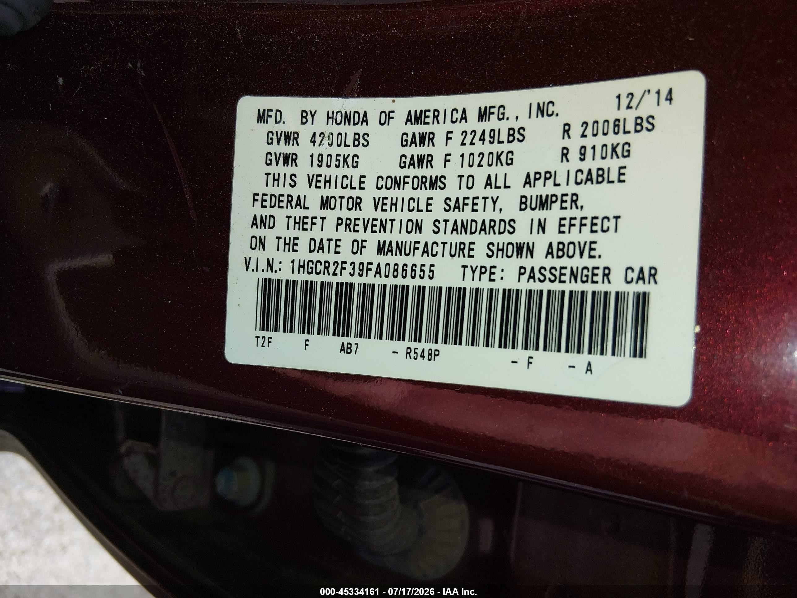 2015 Honda Accord Lx Burgundy vin: 1HGCR2F39FA086655