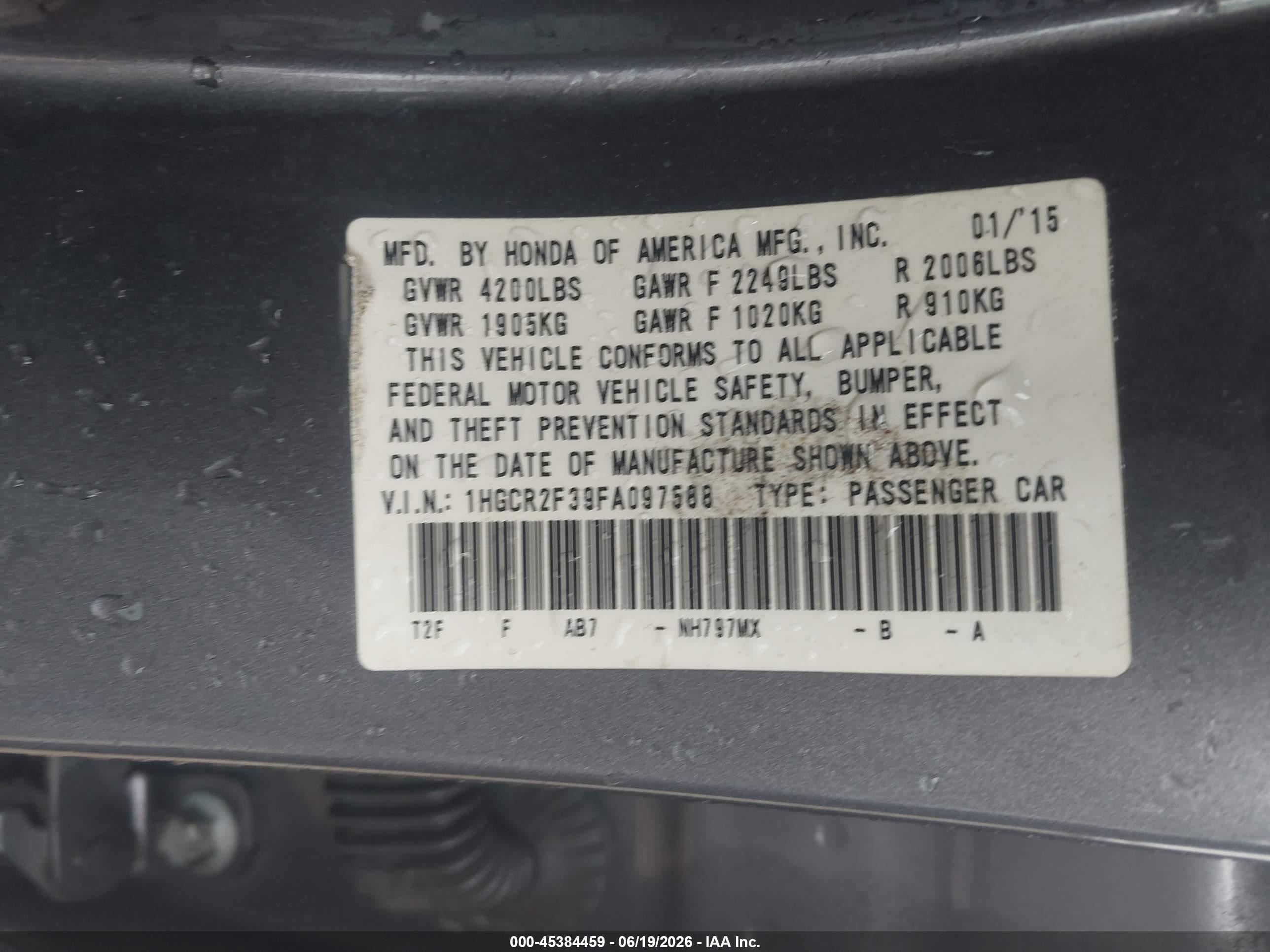 2015 Honda Accord Lx Gray vin: 1HGCR2F39FA097588