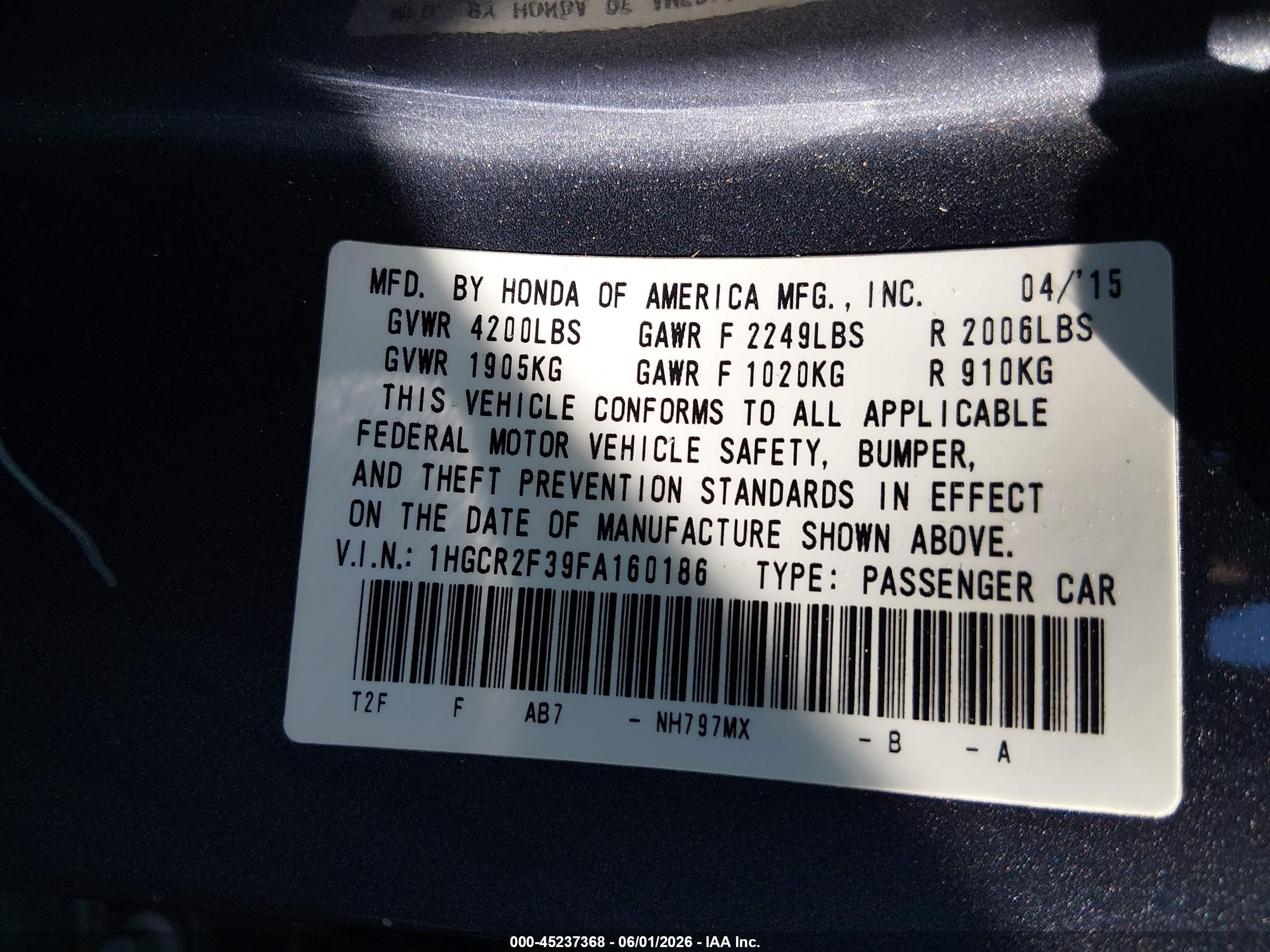 2015 Honda Accord Lx Серый vin: 1HGCR2F39FA160186