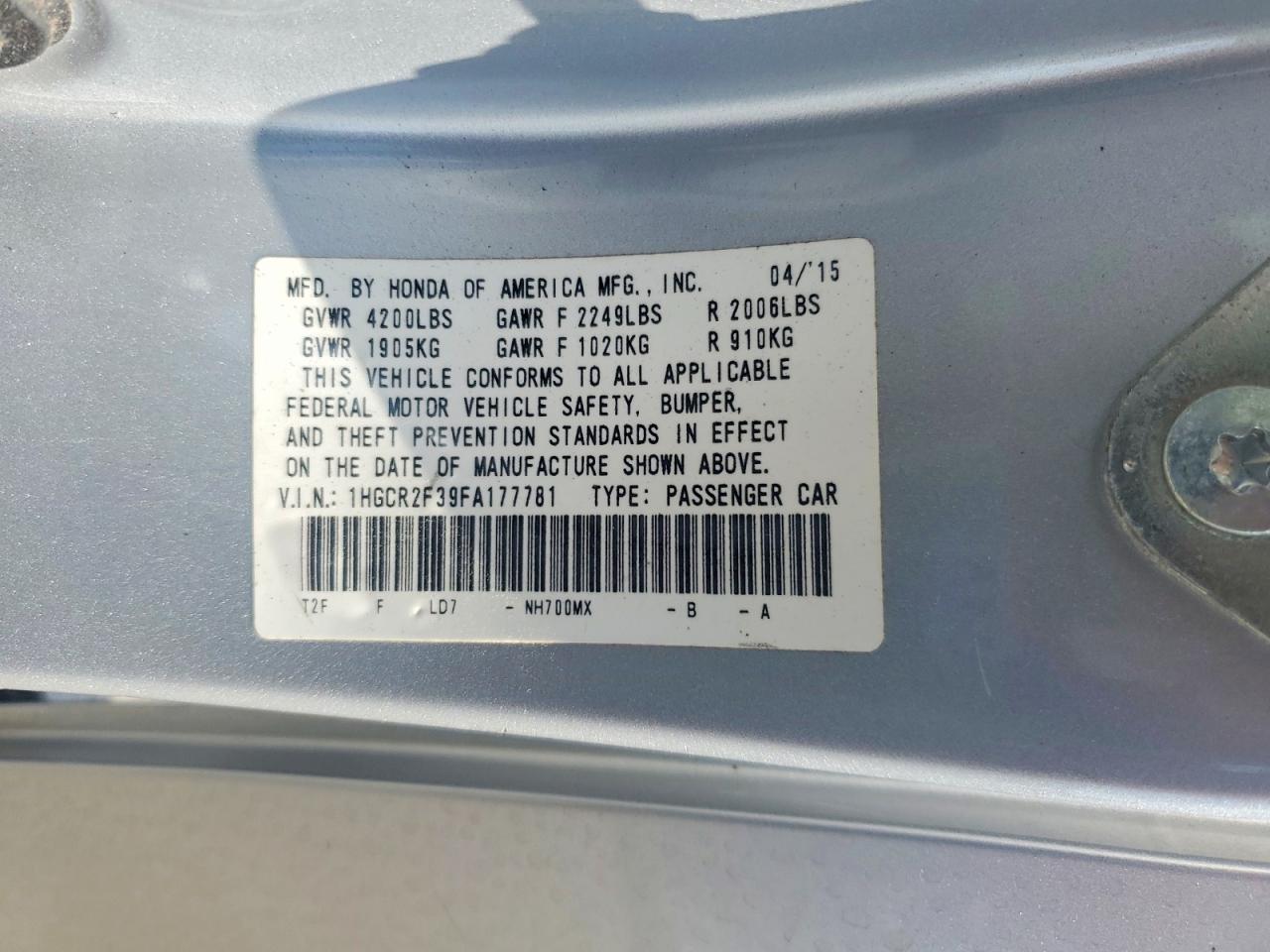 2015 Honda Accord Lx Silver vin: 1HGCR2F39FA177781