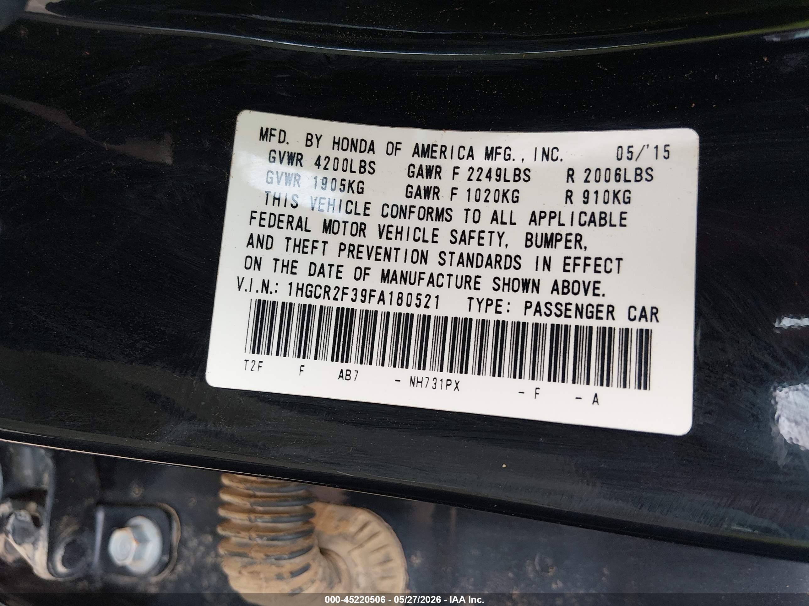 2015 Honda Accord Lx Black vin: 1HGCR2F39FA180521