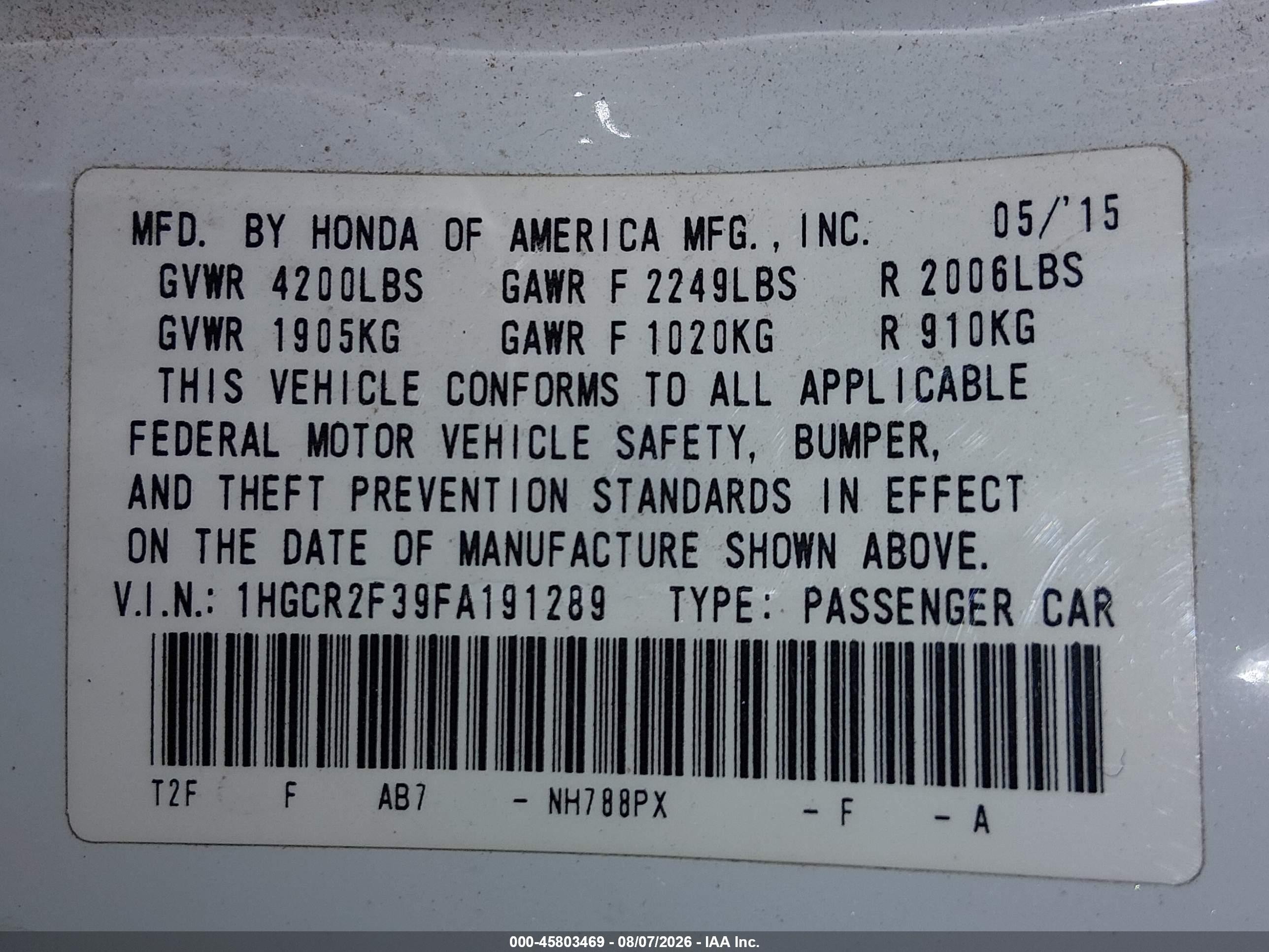 2015 Honda Accord Lx White vin: 1HGCR2F39FA191289