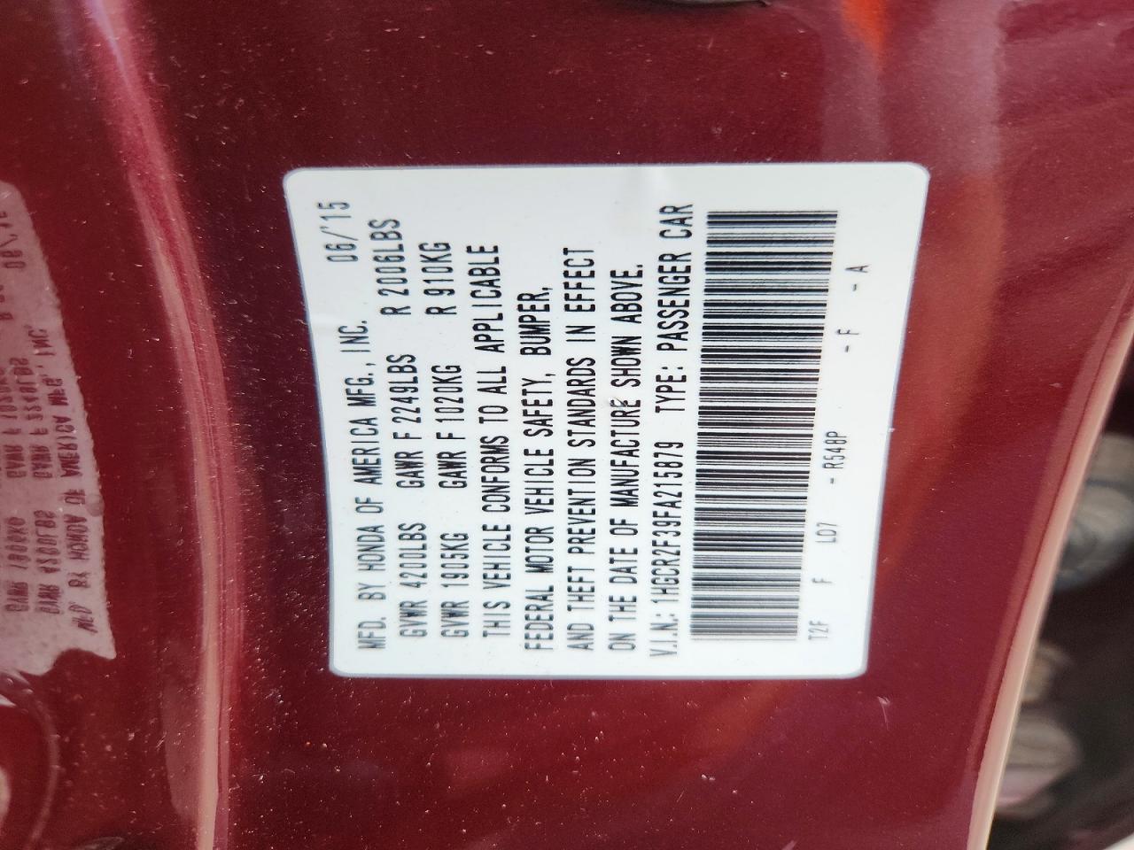 2015 Honda Accord Lx Maroon vin: 1HGCR2F39FA215879