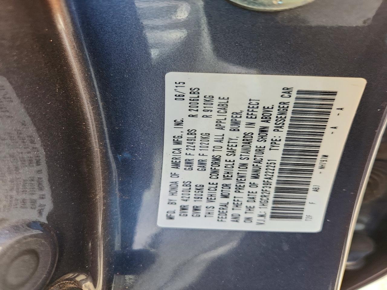 2015 Honda Accord Lx Charcoal vin: 1HGCR2F39FA222251