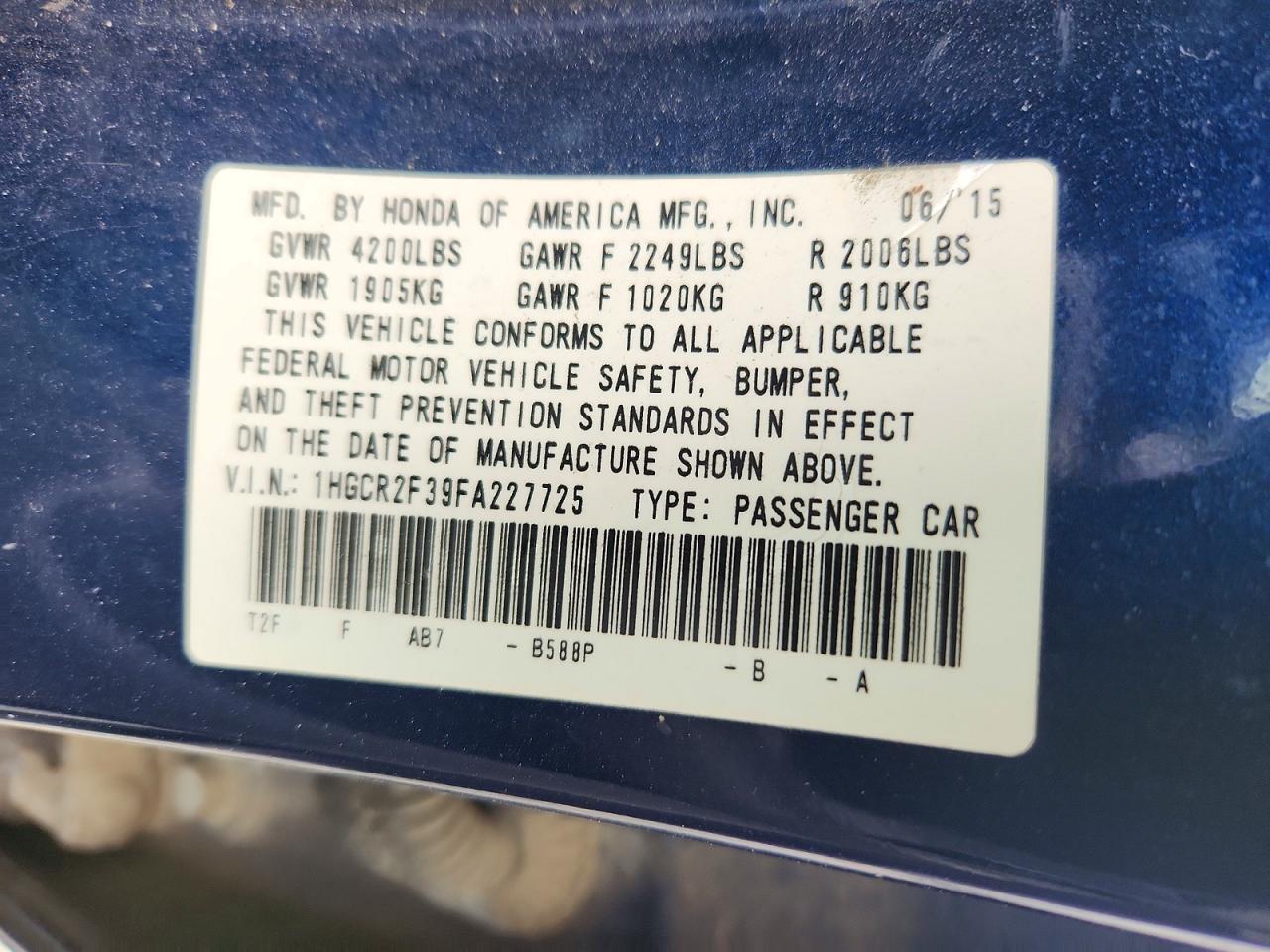 2015 Honda Accord Lx Синий vin: 1HGCR2F39FA227725