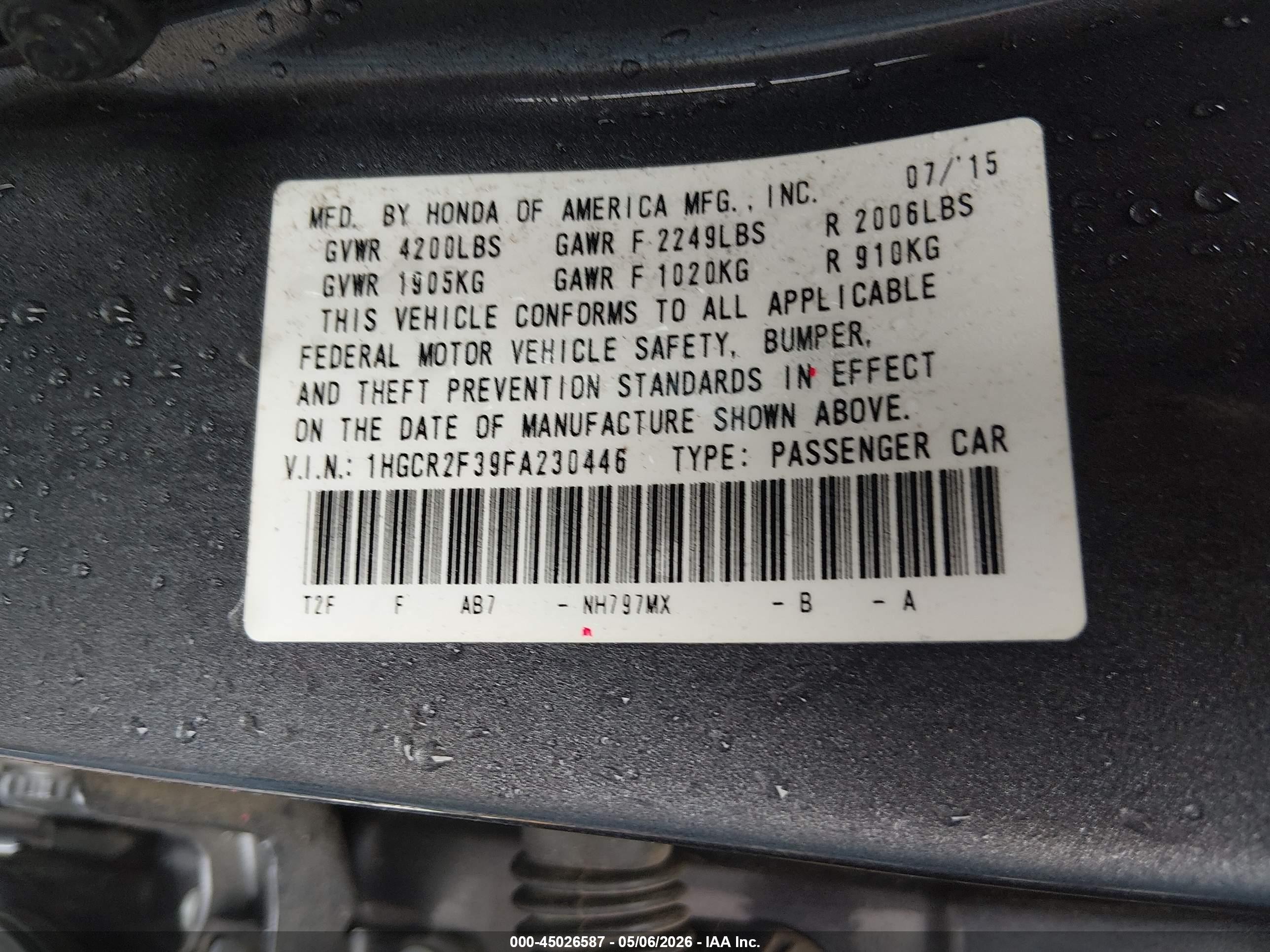 2015 Honda Accord Lx Gray vin: 1HGCR2F39FA230446