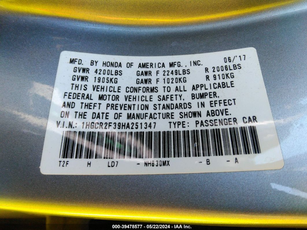 2017 Honda Accord Lx Серебряный vin: 1HGCR2F39HA251347