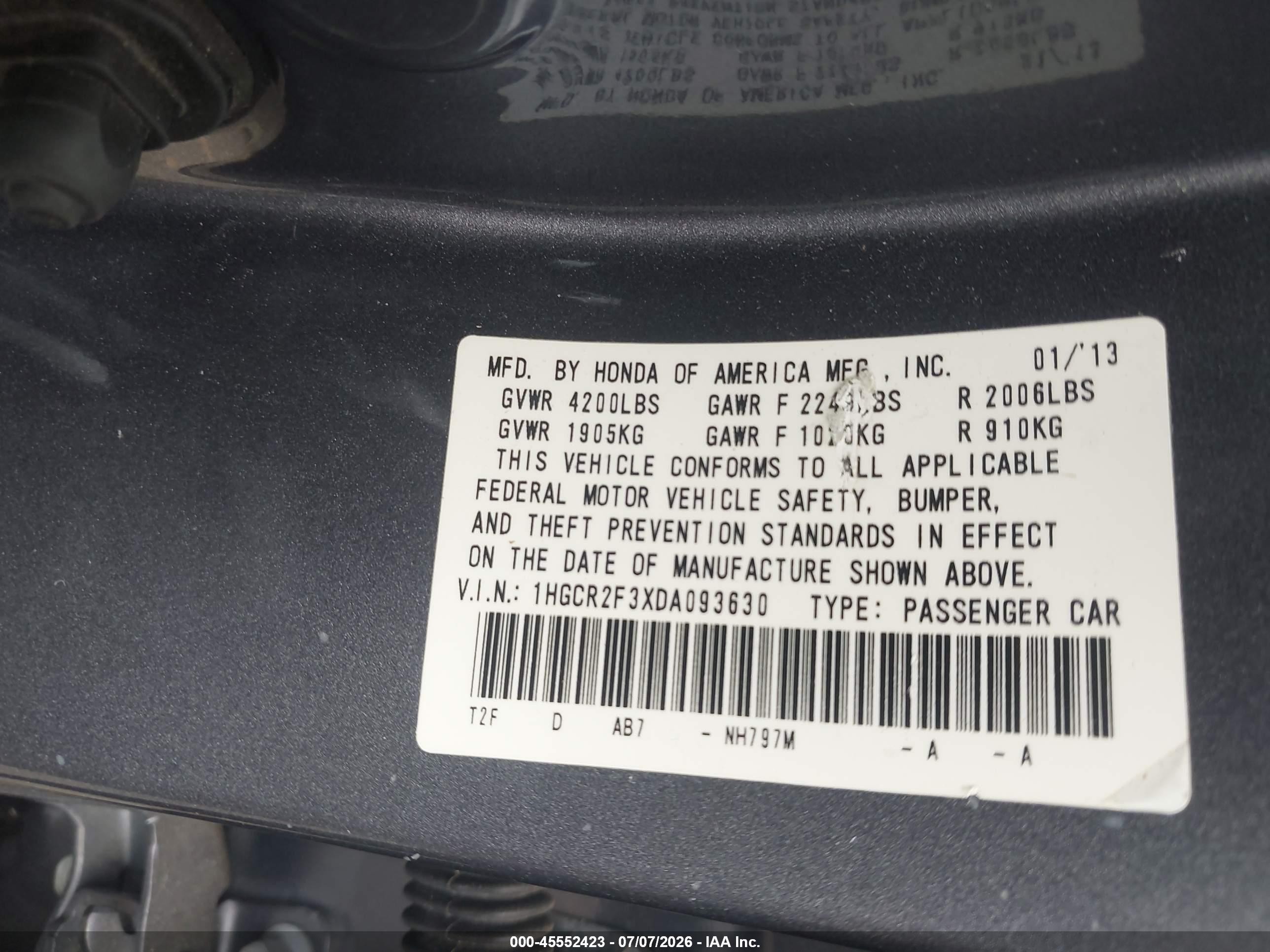 2013 Honda Accord Lx Серый vin: 1HGCR2F3XDA093630