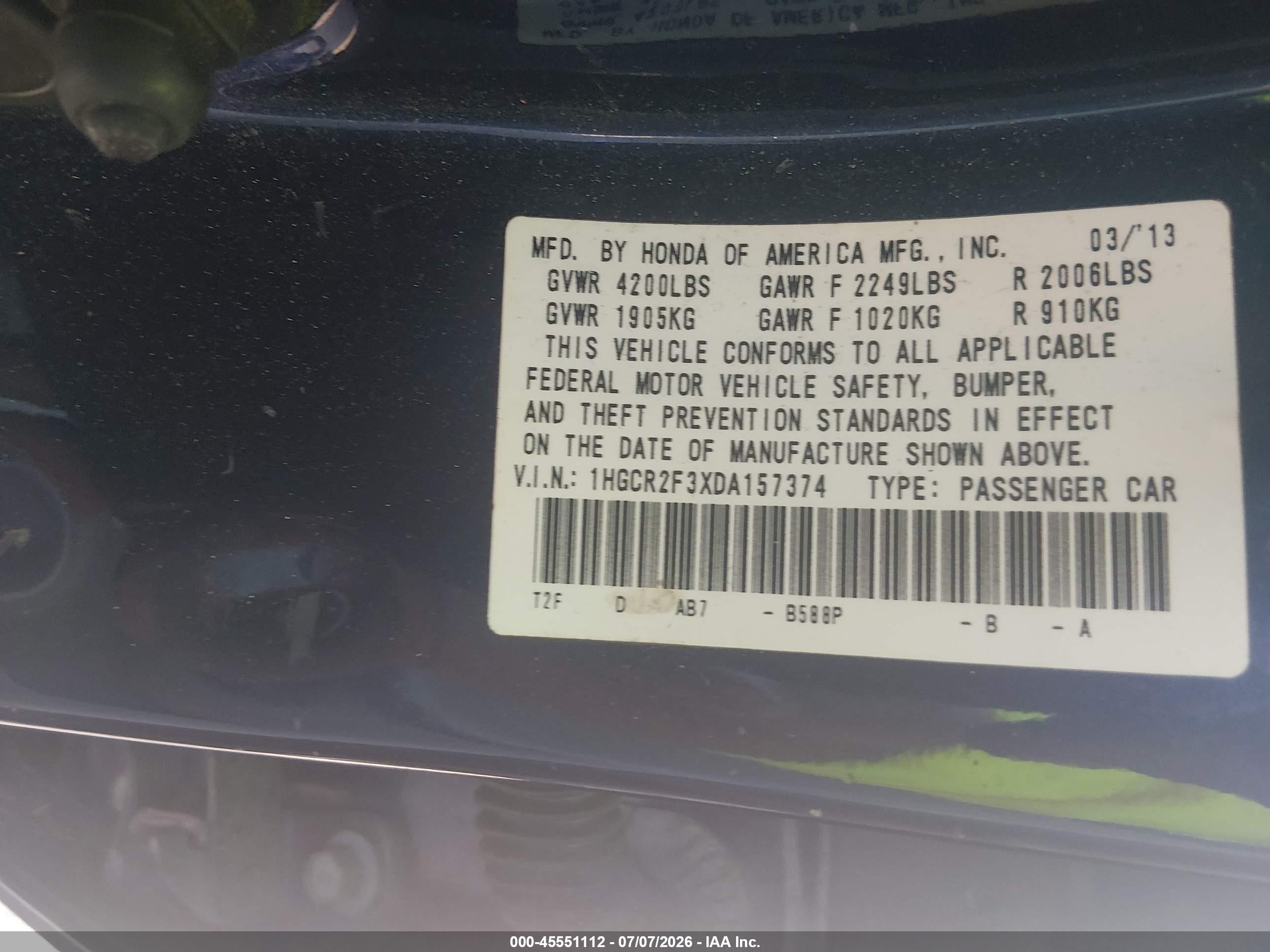 2013 Honda Accord Lx Синий vin: 1HGCR2F3XDA157374