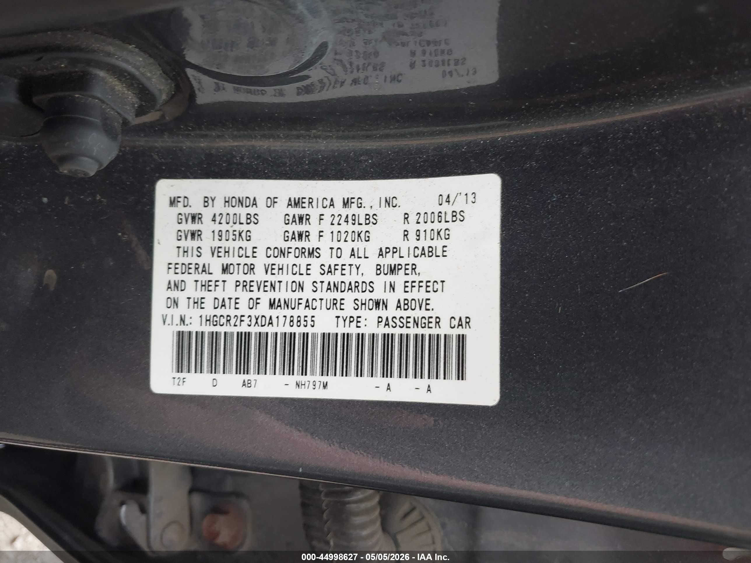 2013 Honda Accord Lx Gray vin: 1HGCR2F3XDA178855