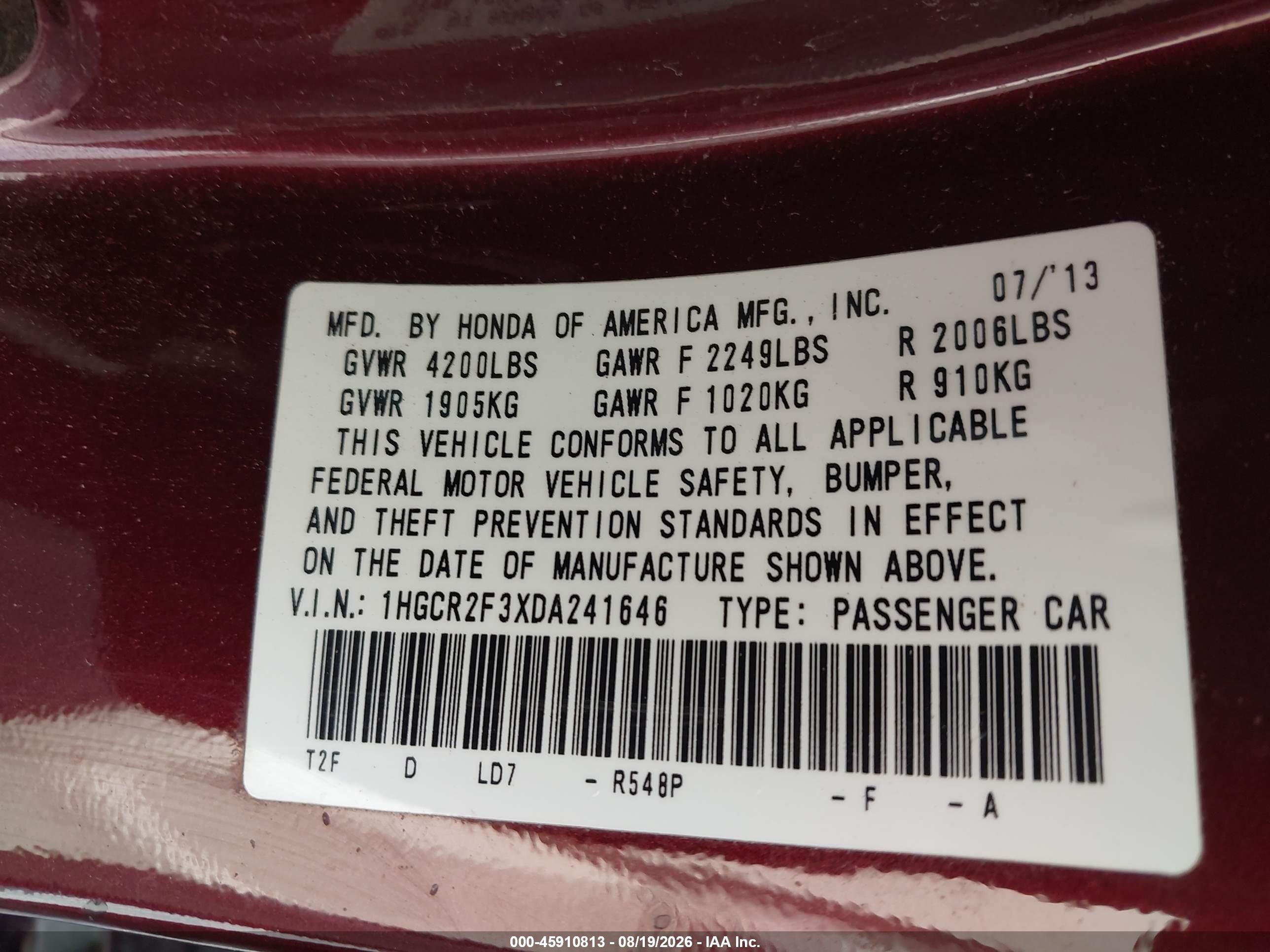 2013 Honda Accord Lx Red vin: 1HGCR2F3XDA241646