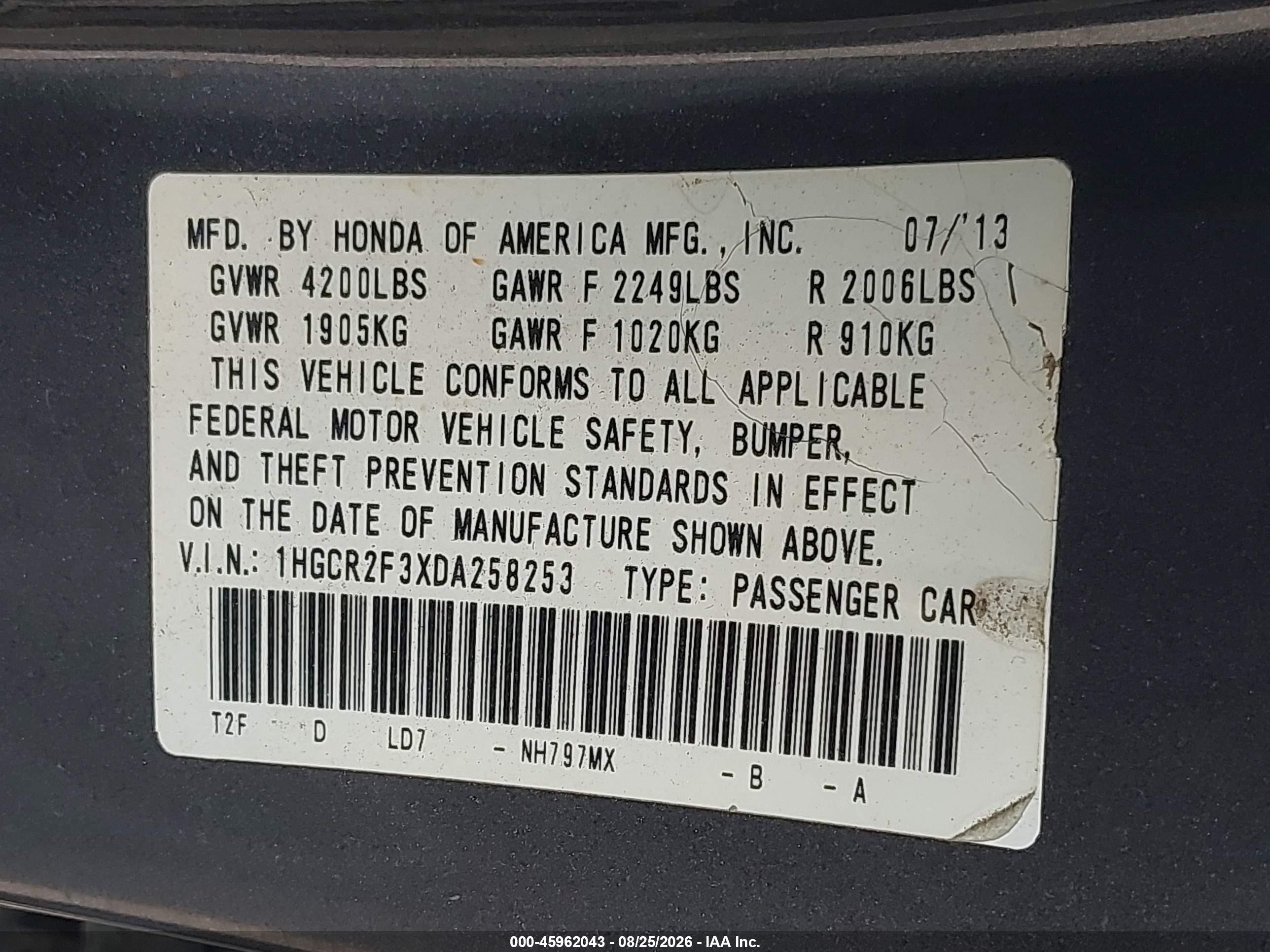 2013 Honda Accord Lx Серый vin: 1HGCR2F3XDA258253