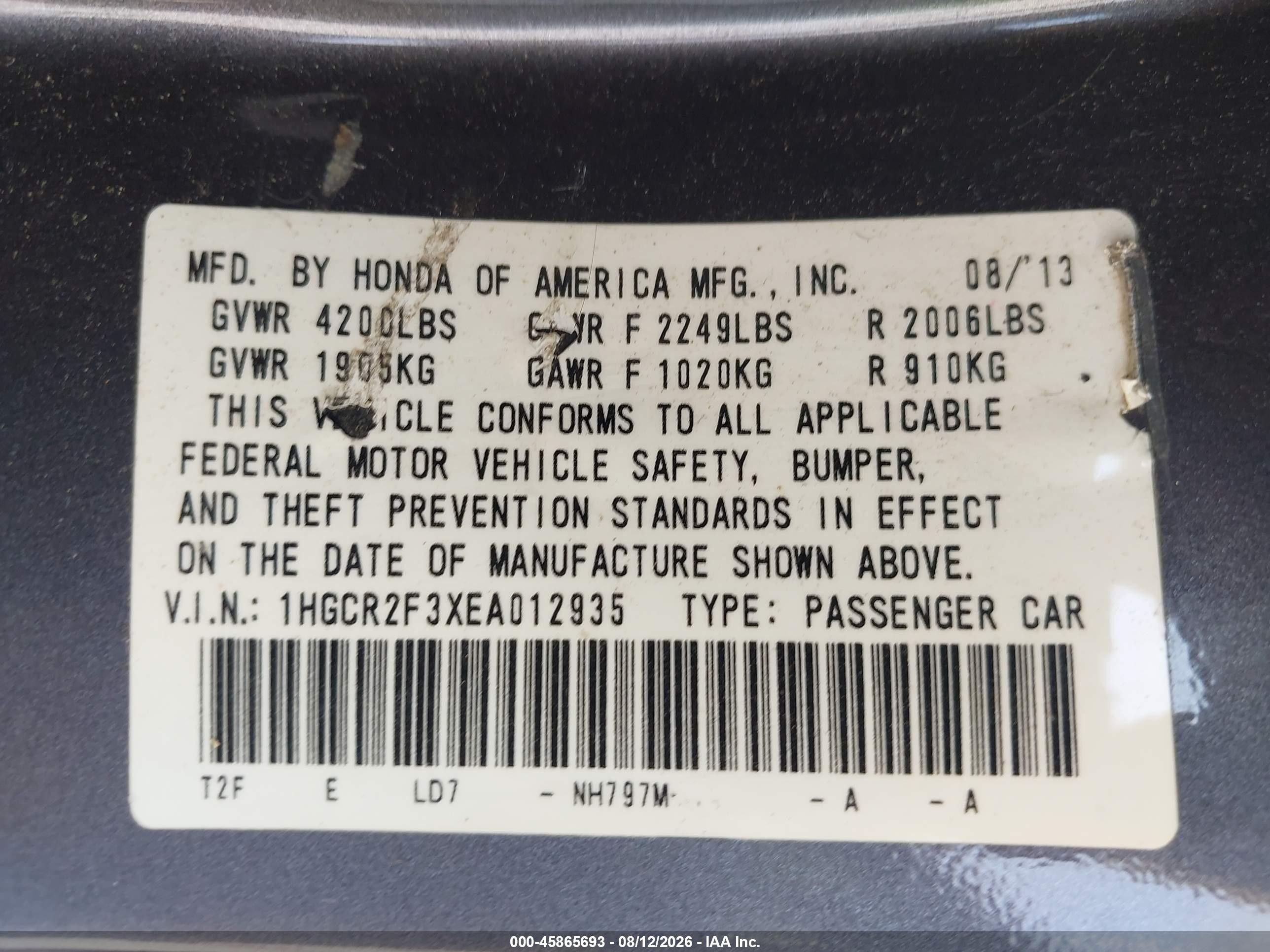 2014 Honda Accord Lx Серый vin: 1HGCR2F3XEA012935