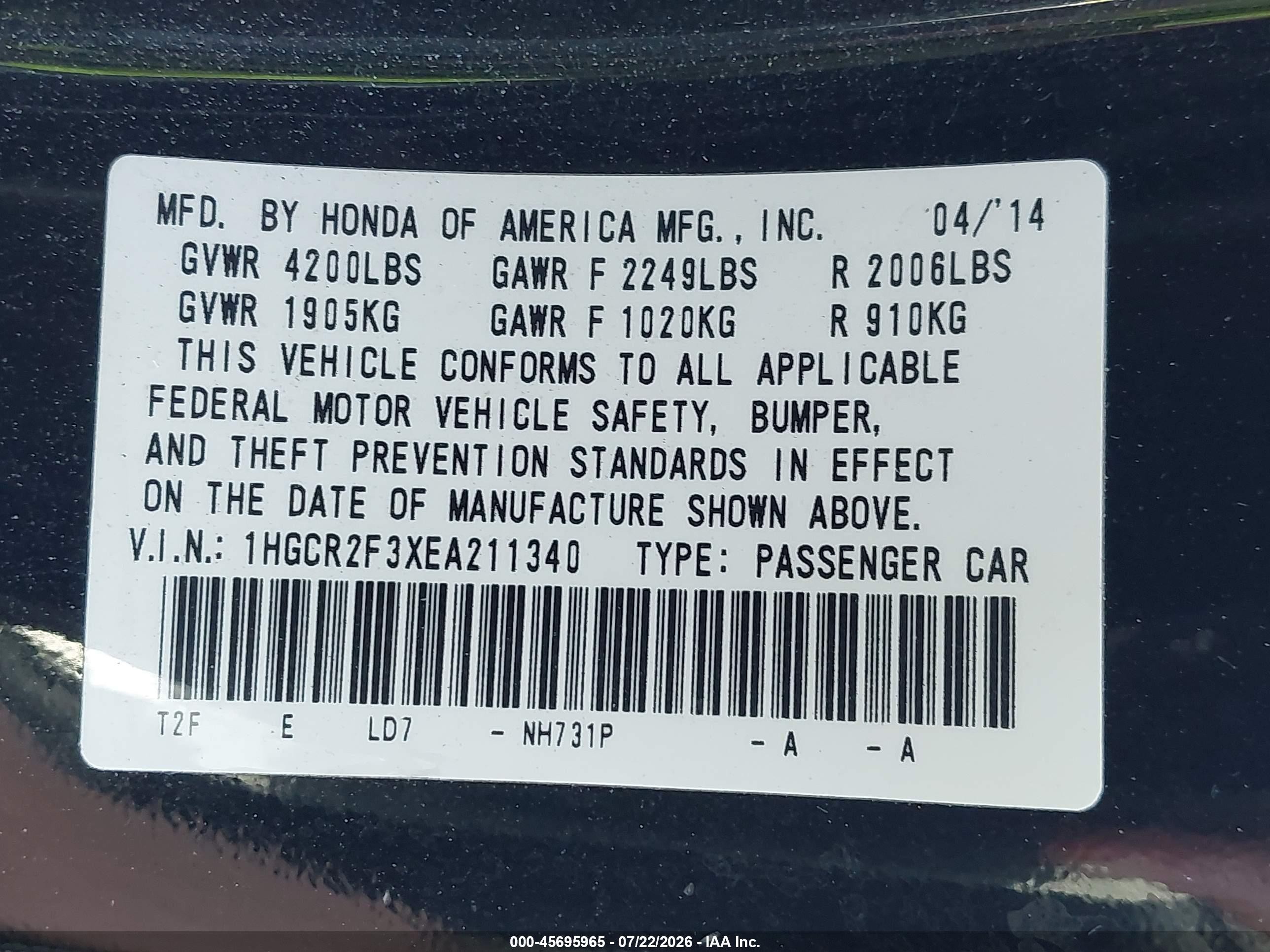 2014 Honda Accord Lx Черный vin: 1HGCR2F3XEA211340
