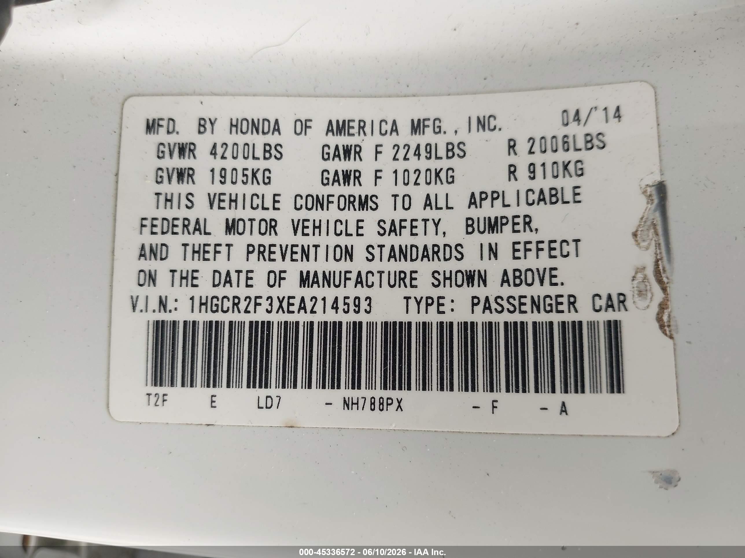 2014 Honda Accord Lx White vin: 1HGCR2F3XEA214593