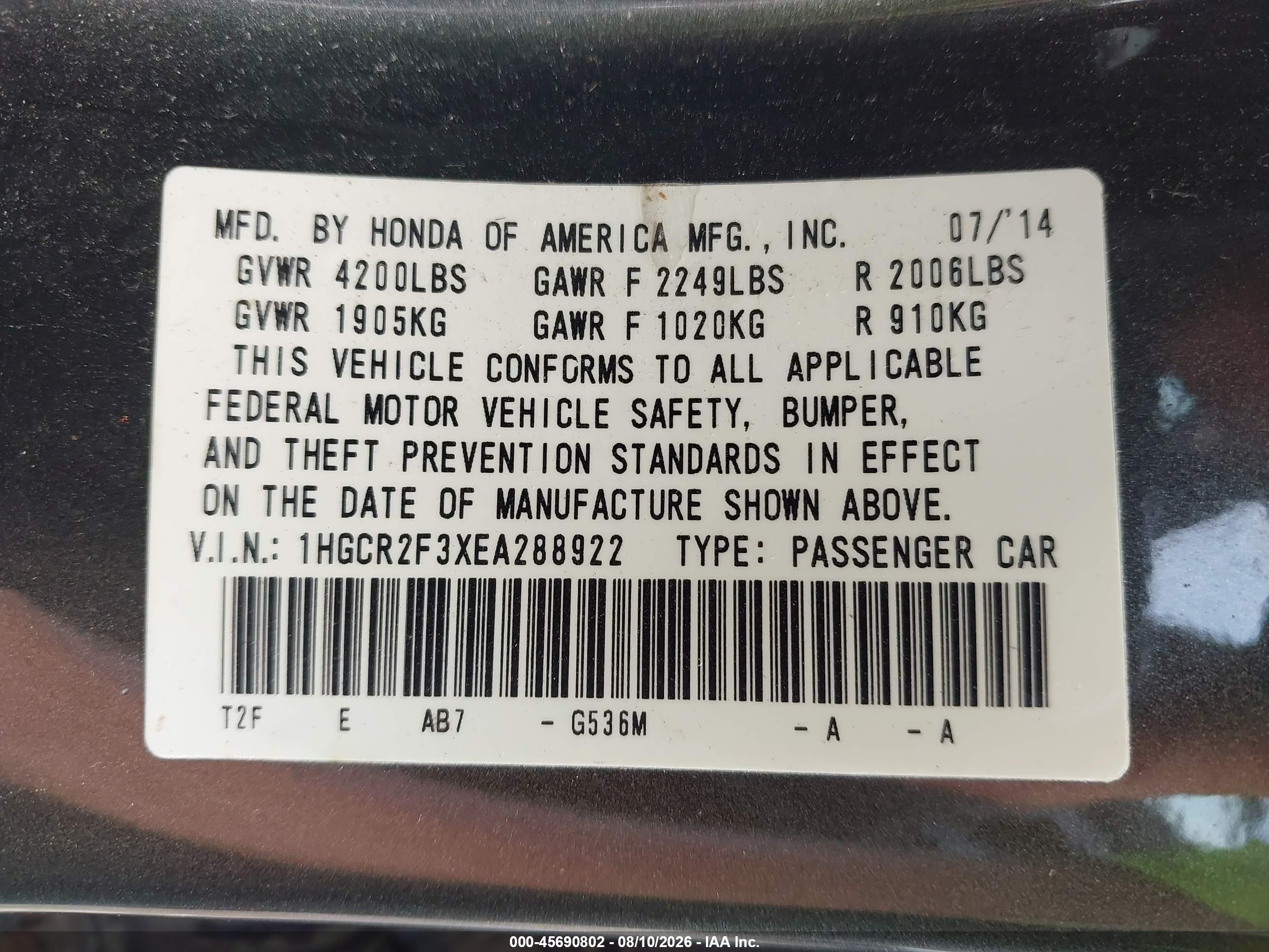 2014 Honda Accord Lx Gray vin: 1HGCR2F3XEA288922