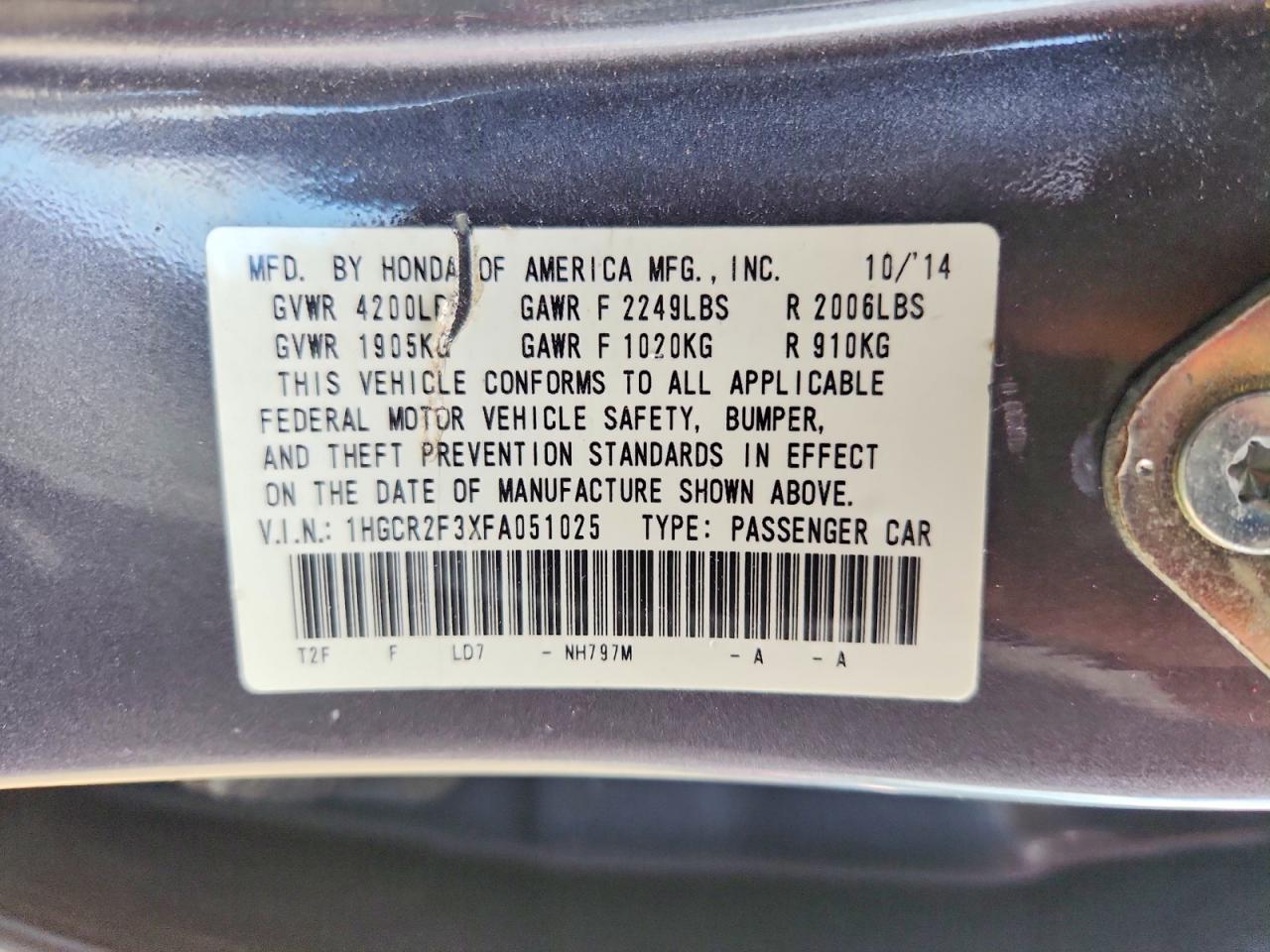 2015 Honda Accord Lx Gray vin: 1HGCR2F3XFA051025
