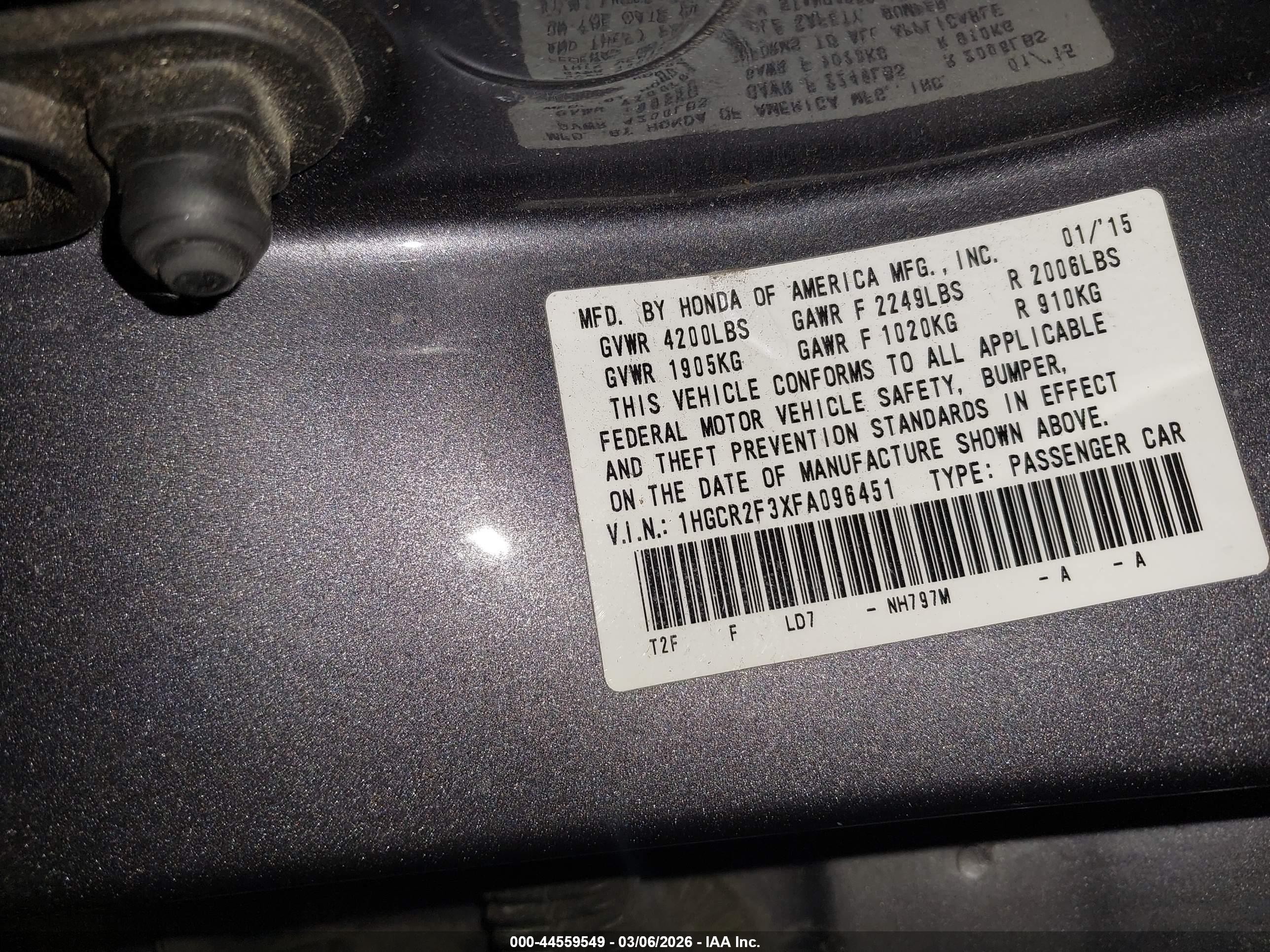 2015 Honda Accord Lx Gray vin: 1HGCR2F3XFA096451