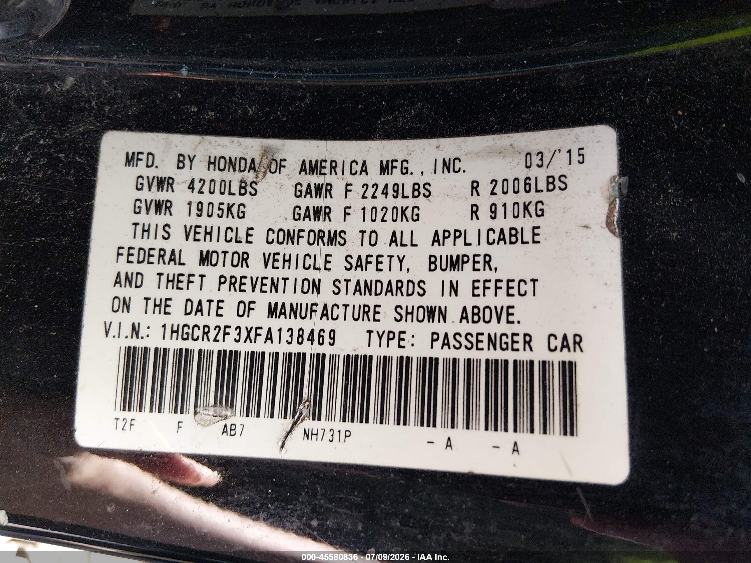 2015 Honda Accord Lx Black vin: 1HGCR2F3XFA138469