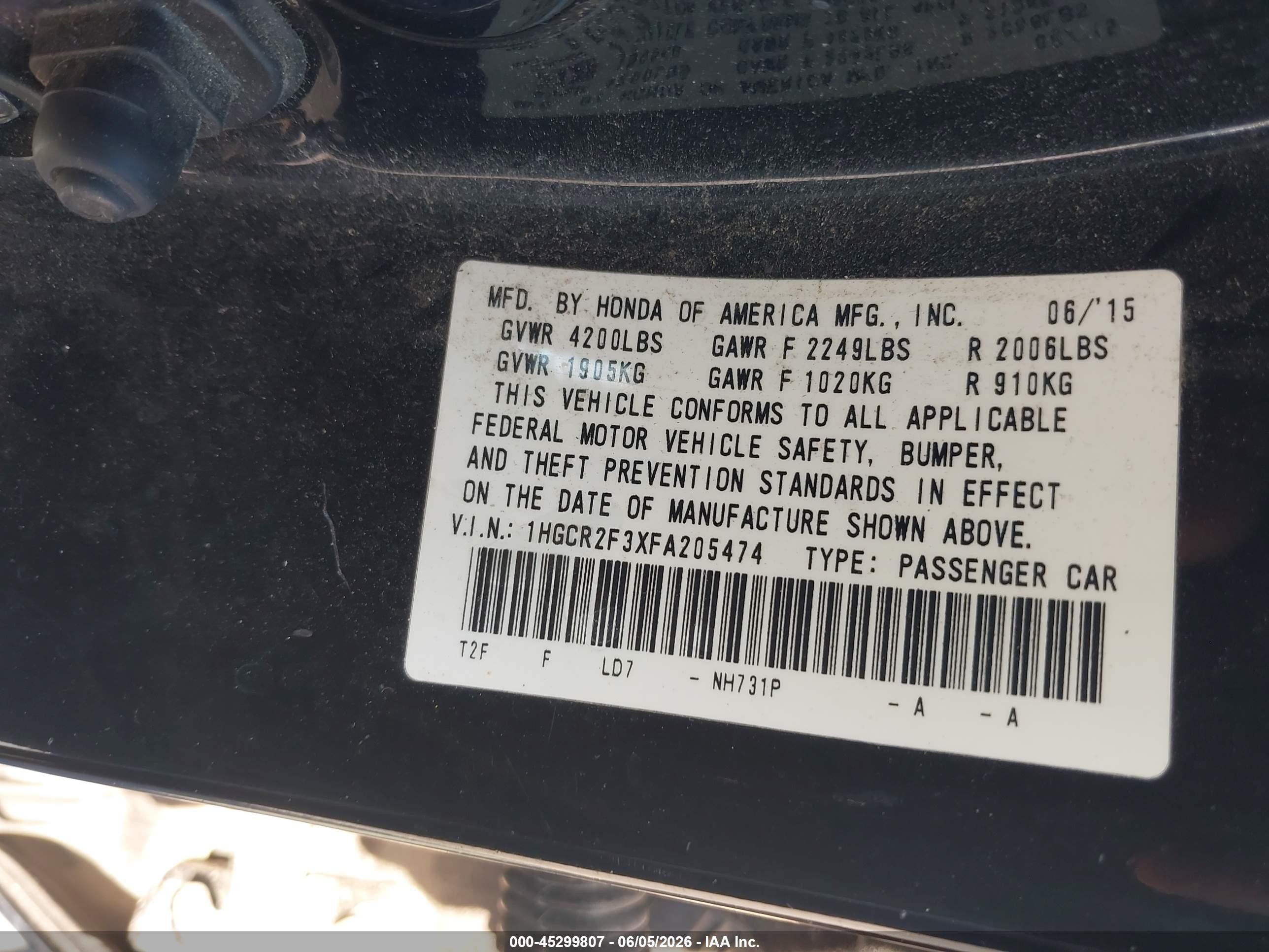 2015 Honda Accord Lx Black vin: 1HGCR2F3XFA205474