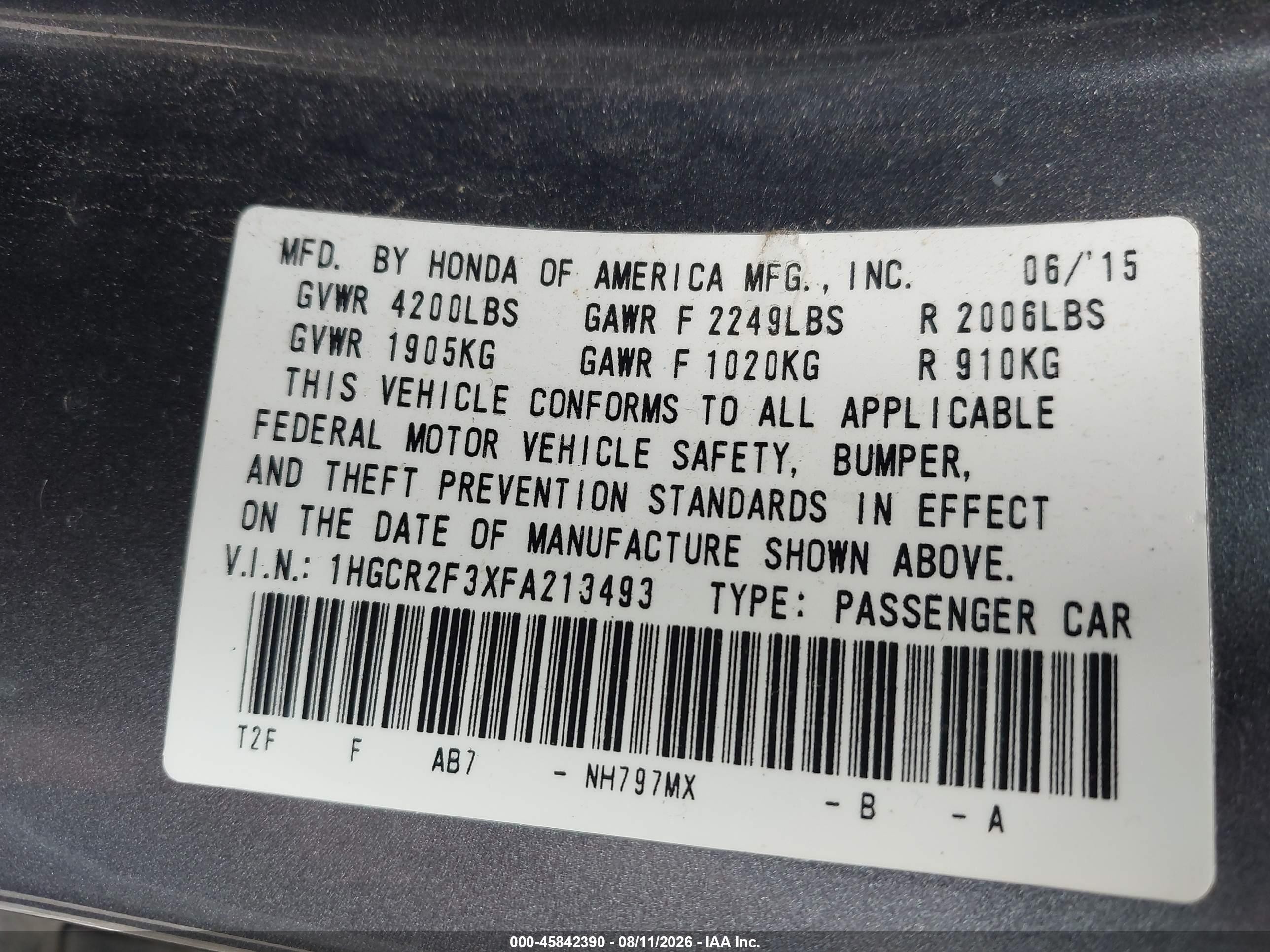 2015 Honda Accord Lx Серый vin: 1HGCR2F3XFA213493
