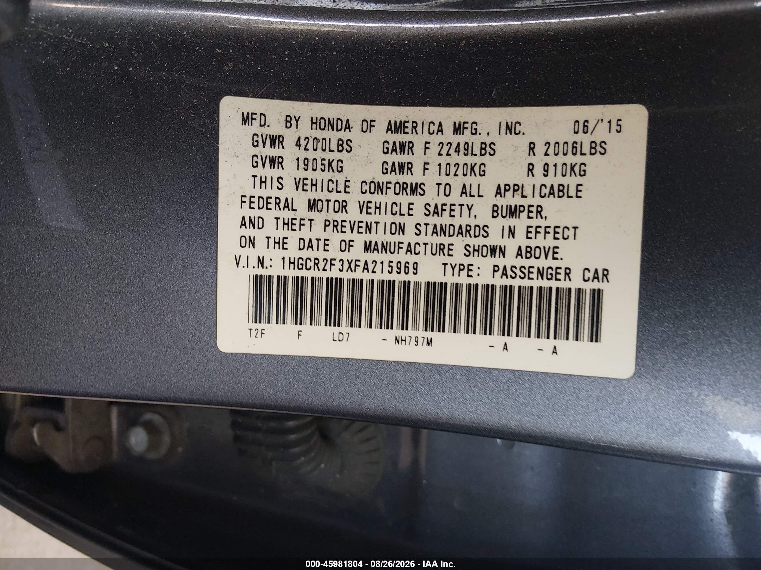 2015 Honda Accord Lx Gray vin: 1HGCR2F3XFA215969