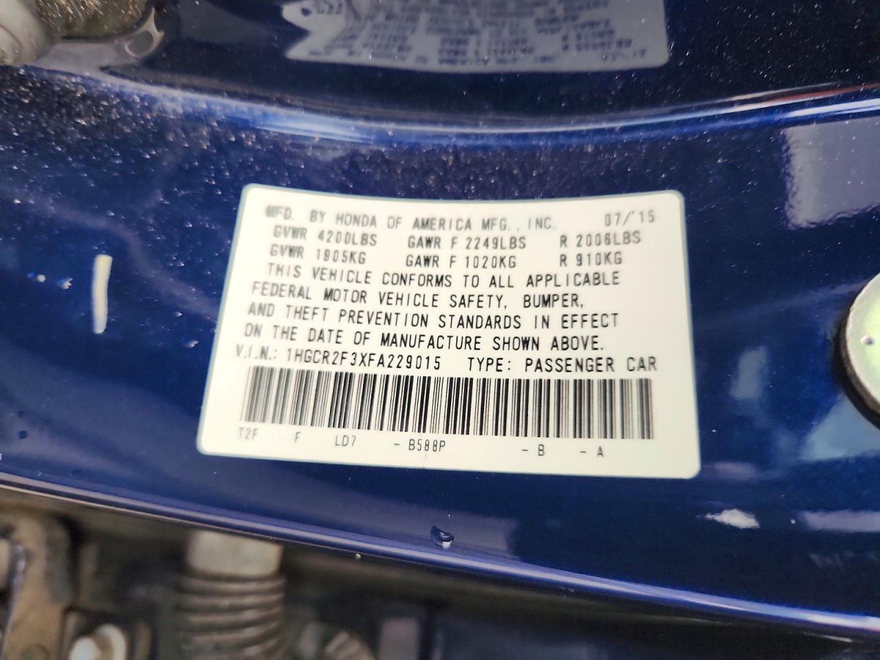 2015 Honda Accord Lx Blue vin: 1HGCR2F3XFA229015