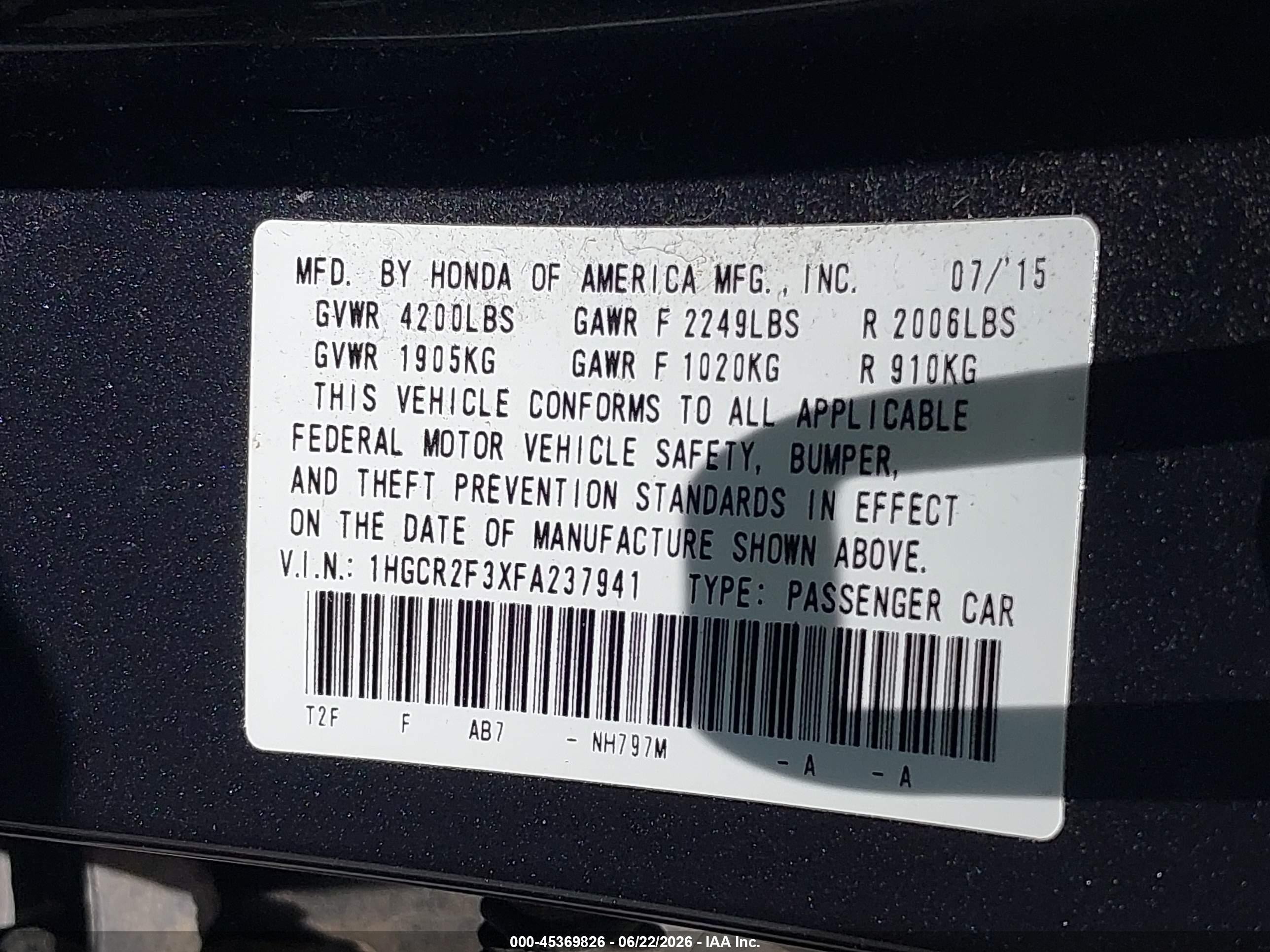 2015 Honda Accord Lx Gray vin: 1HGCR2F3XFA237941