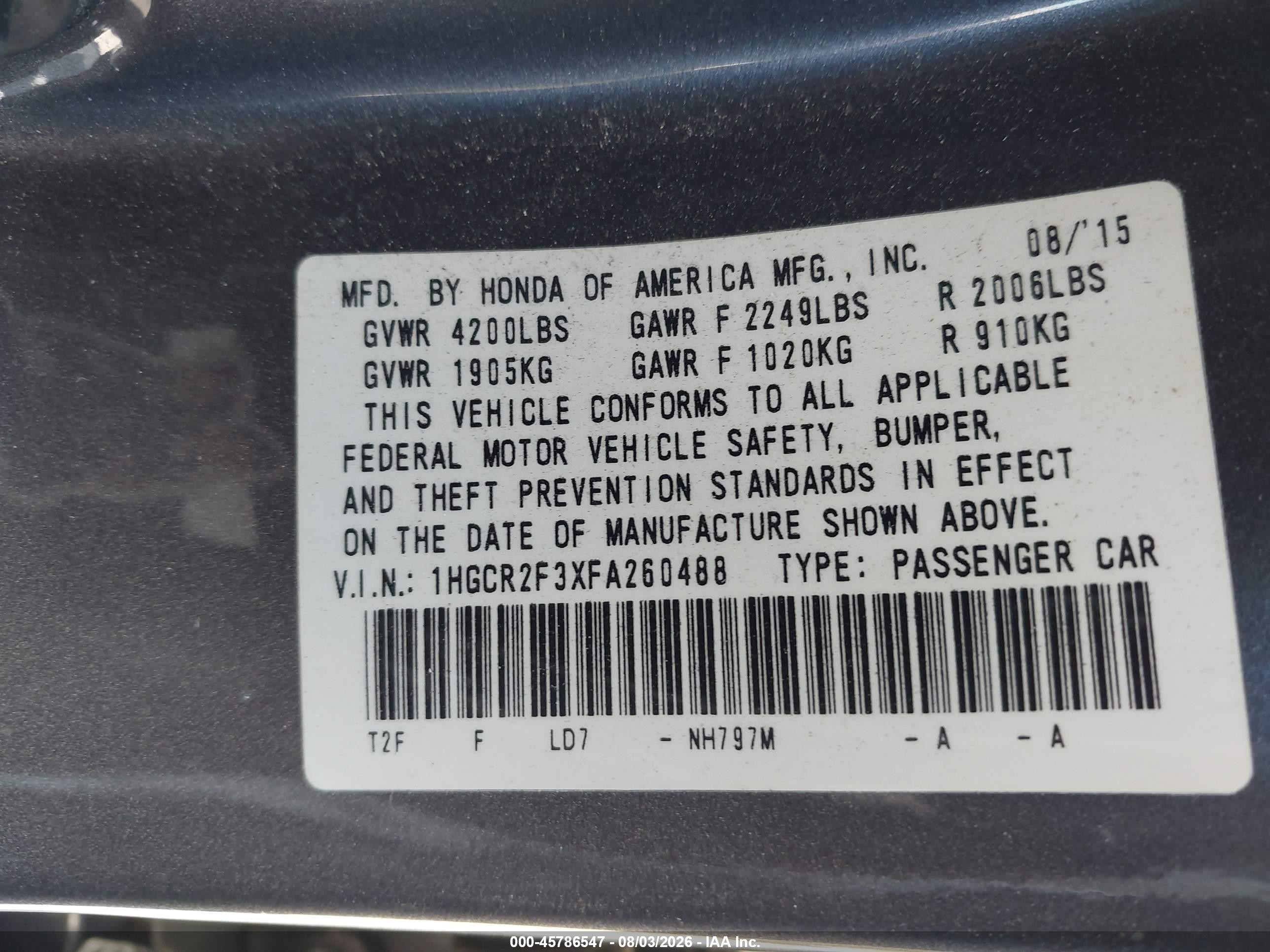2015 Honda Accord Lx Серый vin: 1HGCR2F3XFA260488