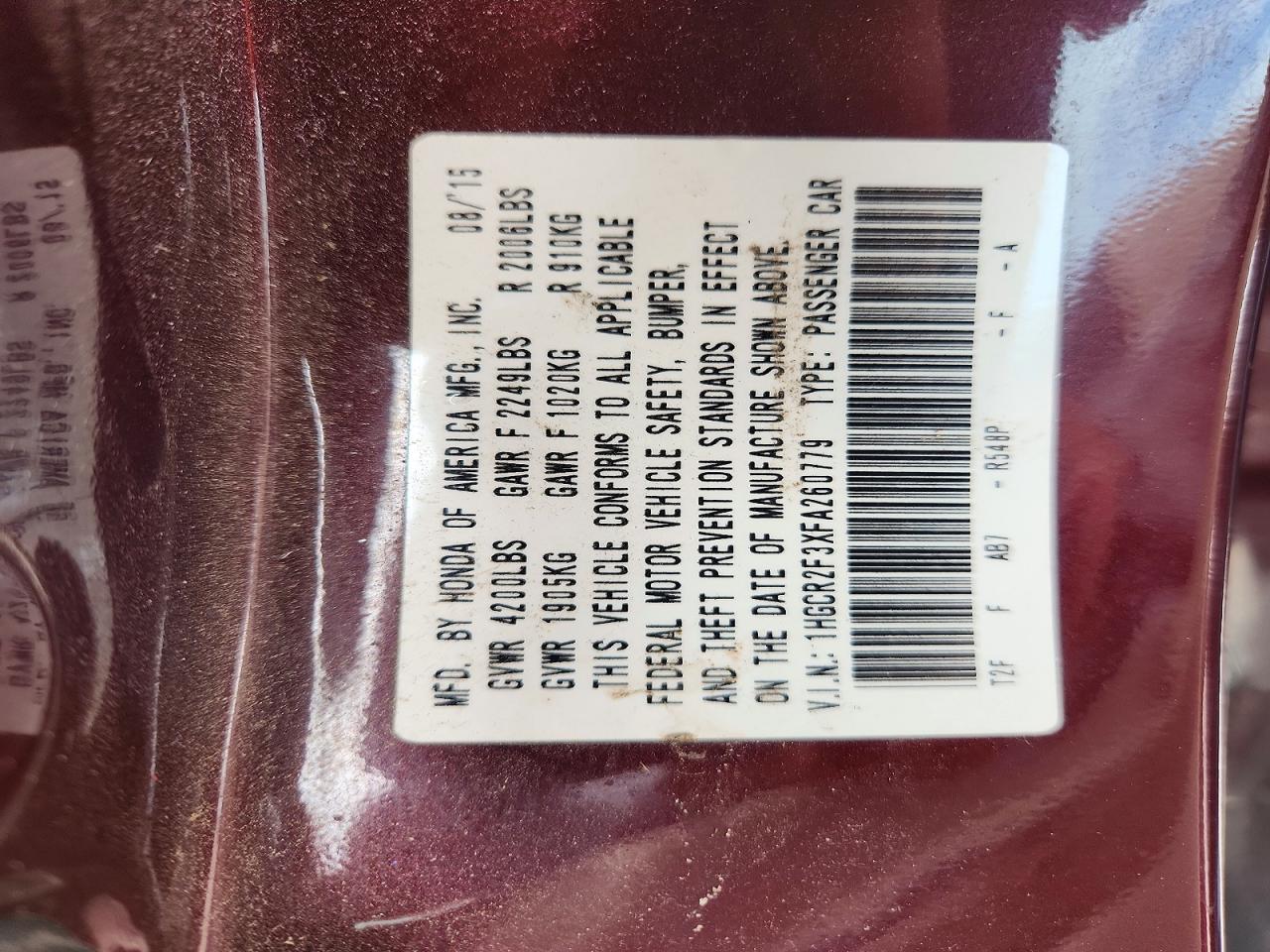 2015 Honda Accord Lx Maroon vin: 1HGCR2F3XFA260779